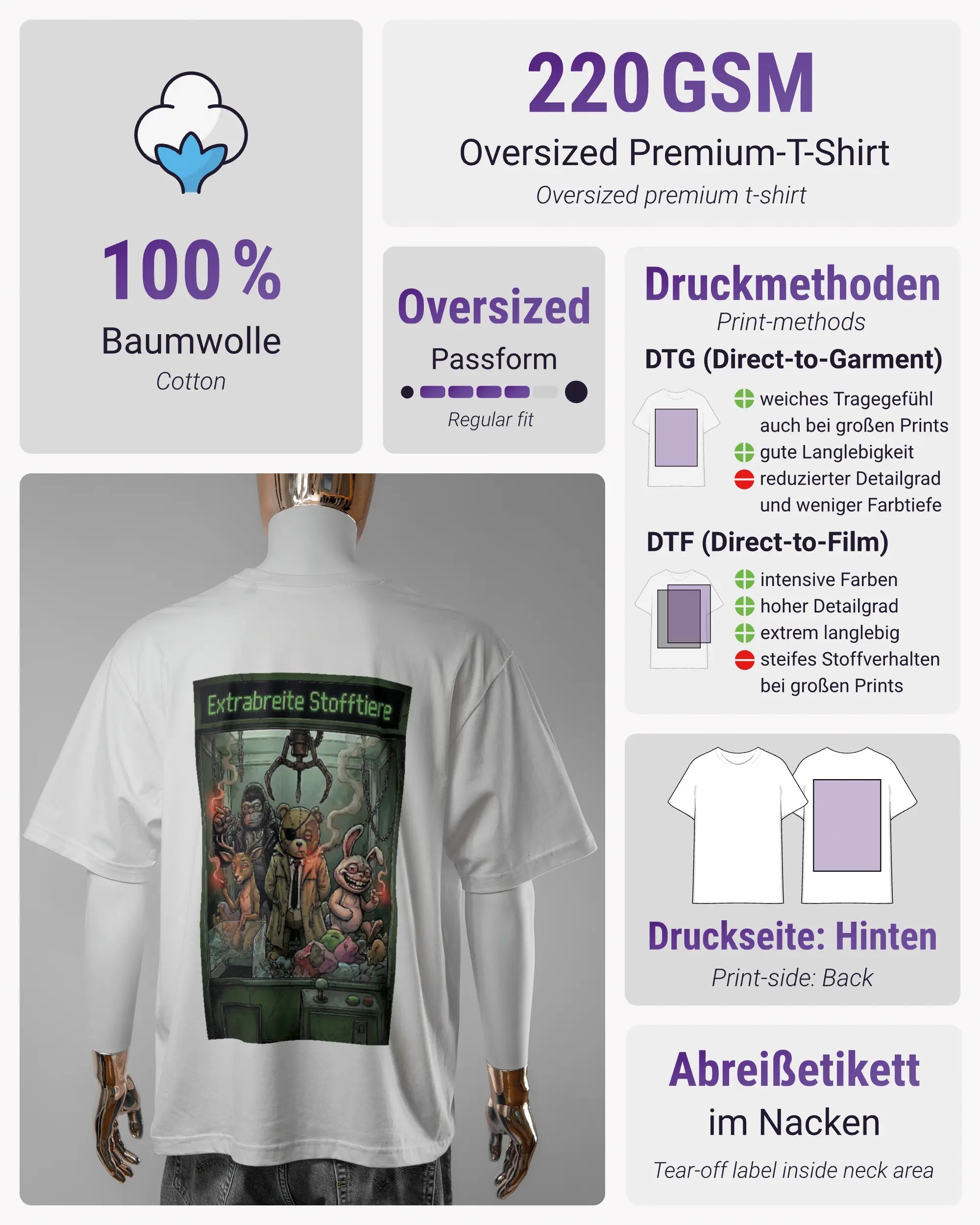 Produktinformationsblatt des Basic Unisex T-Shirt Oversized von Maondo mit dem Design Extrabreit hinten in der Farbe White und in der Größe L