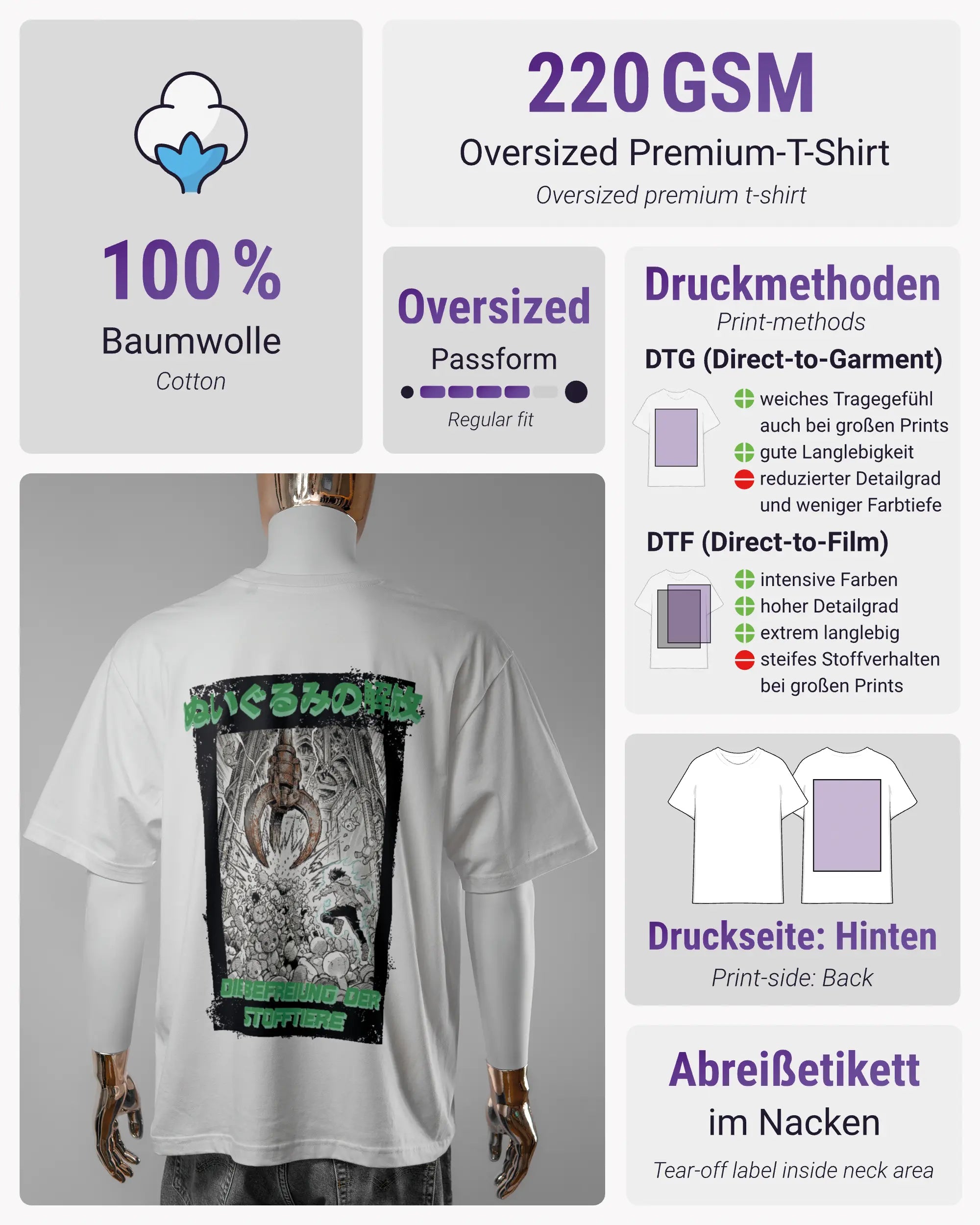 Produktinformationsblatt des Basic Unisex T-Shirt Oversized von Maondo mit dem Design Save 1 Stofftier hinten in der Farbe White und in der Größe L