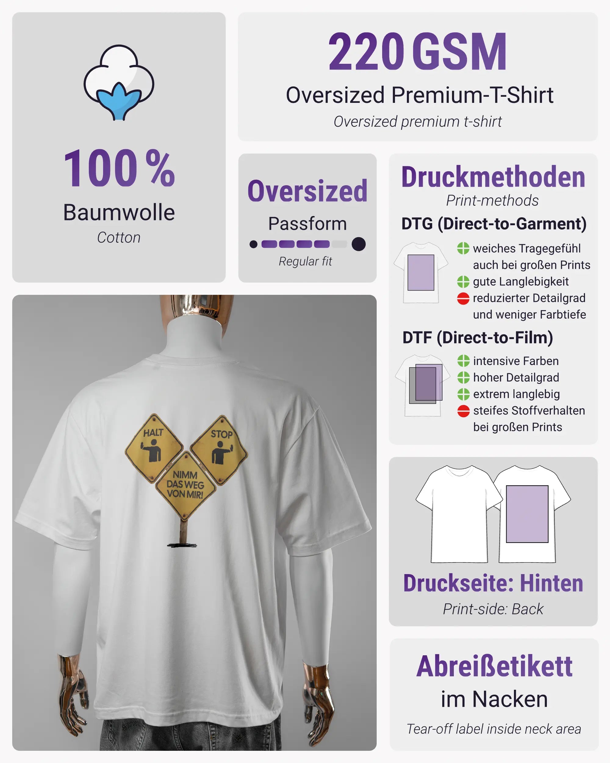 Produktinformationsblatt des Basic Unisex T-Shirt Oversized von Maondo mit dem Design Schutzschild hinten in der Farbe White und in der Größe L