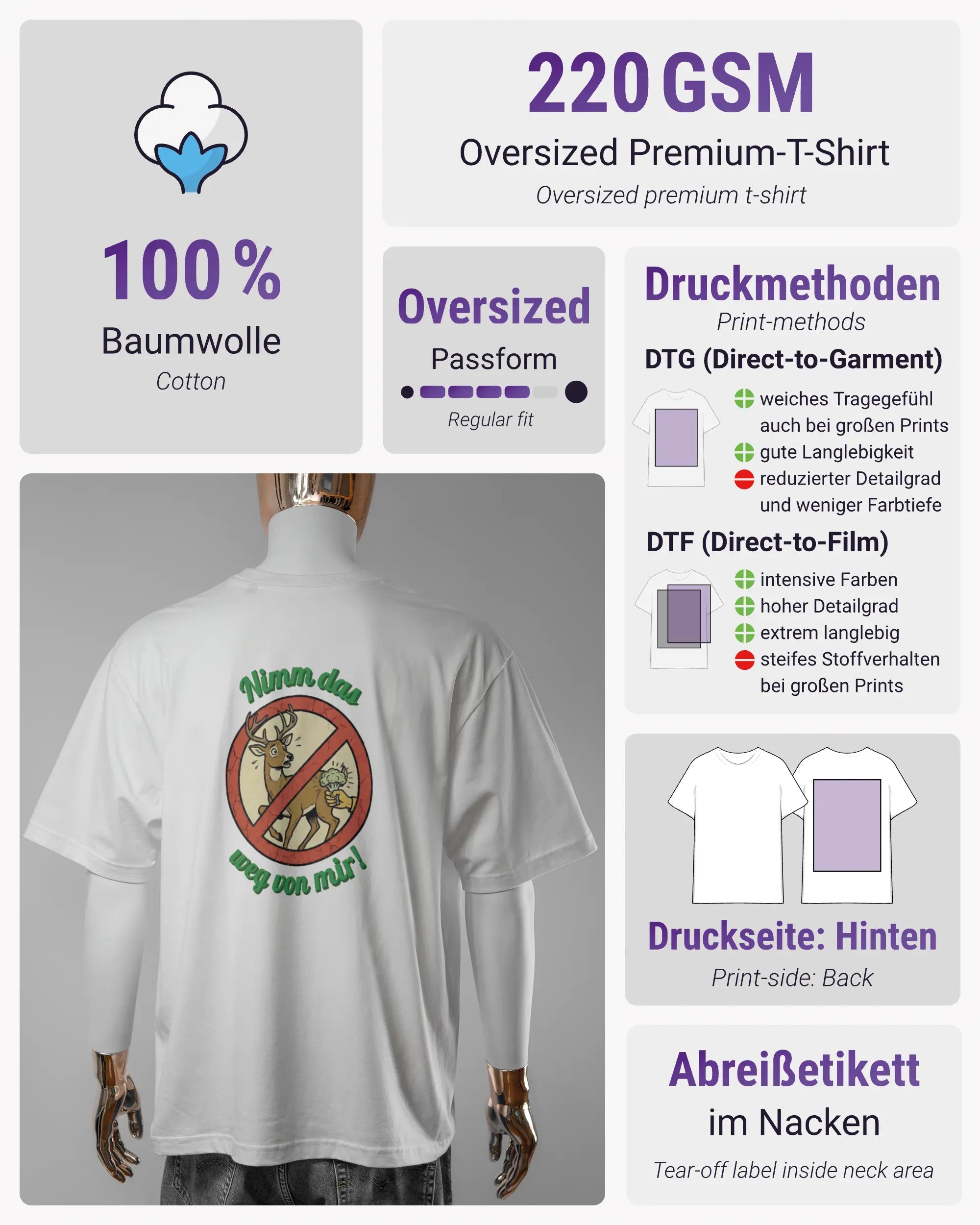 Produktinformationsblatt des Basic Unisex T-Shirt Oversized von Maondo mit dem Design Reh weg hinten in der Farbe White und in der Größe L