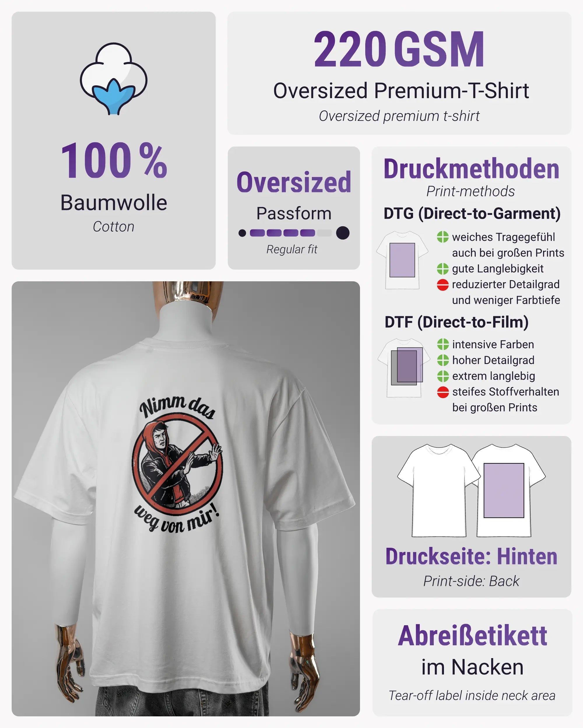 Produktinformationsblatt des Basic Unisex T-Shirt Oversized von Maondo mit dem Design Nimm das weg hinten in der Farbe White und in der Größe L