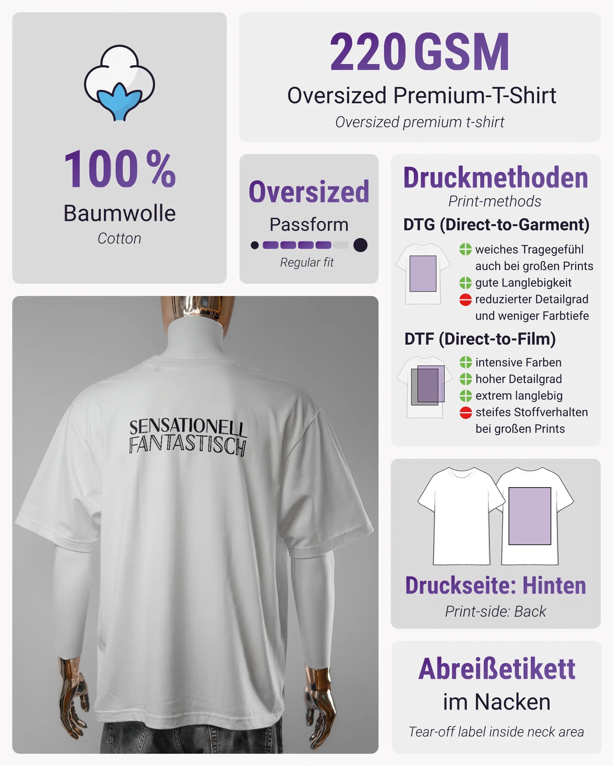 Produktinformationsblatt des Basic Unisex T-Shirt Oversized von Maondo mit dem Design Sensationell hinten in der Farbe White und in der Größe L