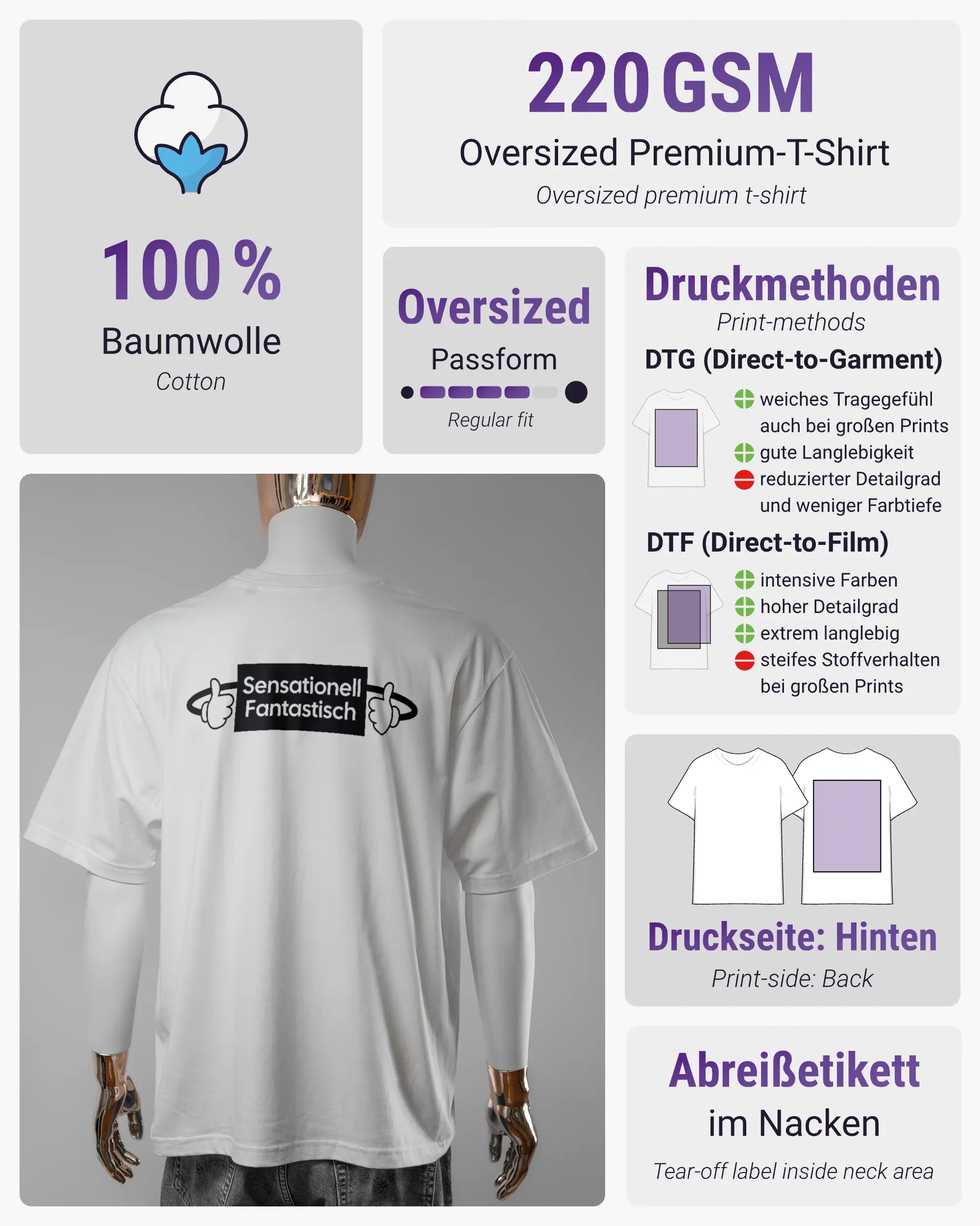 Produktinformationsblatt des Basic Unisex T-Shirt Oversized von Maondo mit dem Design Fantastisch hinten in der Farbe White und in der Größe L