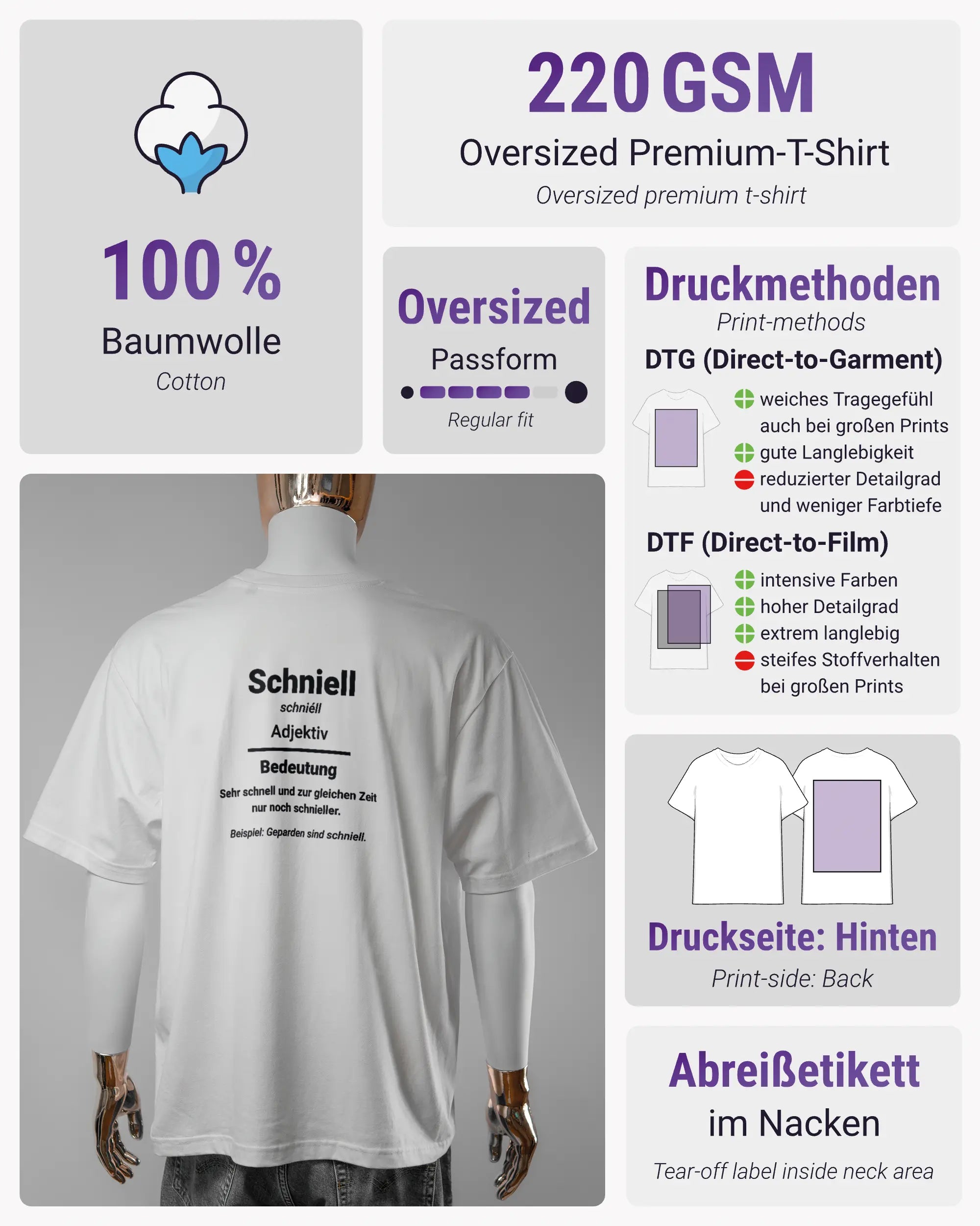 Produktinformationsblatt des Basic Unisex T-Shirt Oversized von Maondo mit dem Design Schniell hinten in der Farbe White und in der Größe L