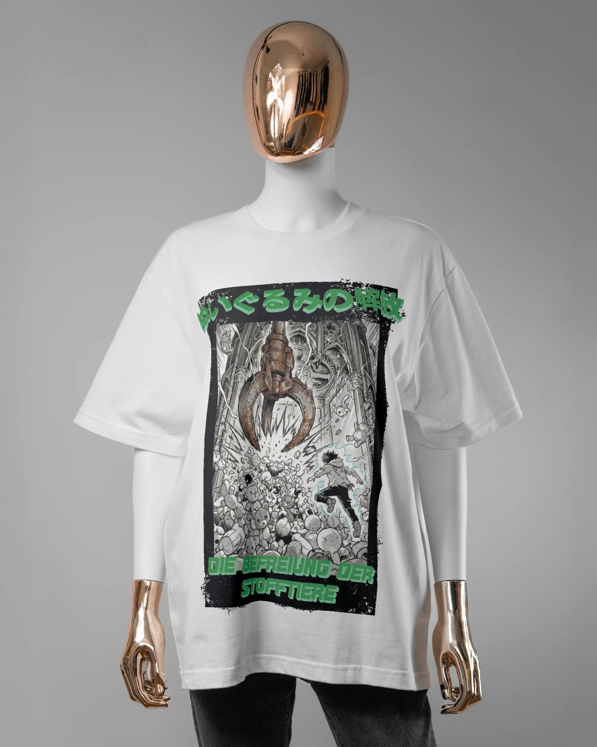 Vorderseite des Basic Unisex T-Shirt Oversized von Maondo mit dem Design Save 1 Stofftier in der Farbe White und in der Größe S getragen von einer femininen Puppe