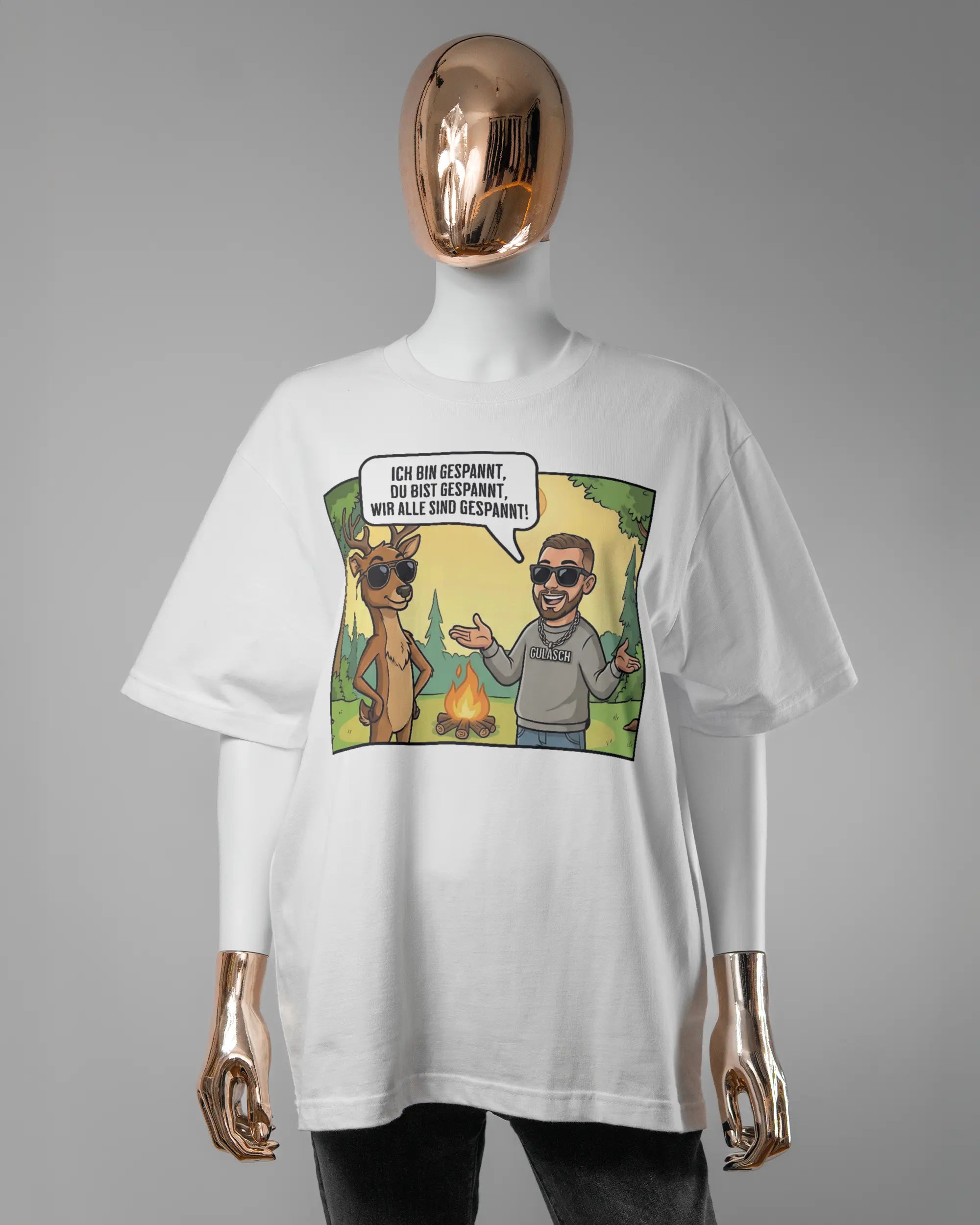 Vorderseite des Basic Unisex T-Shirt Oversized von Maondo mit dem Design Vollspannung in der Farbe White und in der Größe S getragen von einer femininen Puppe