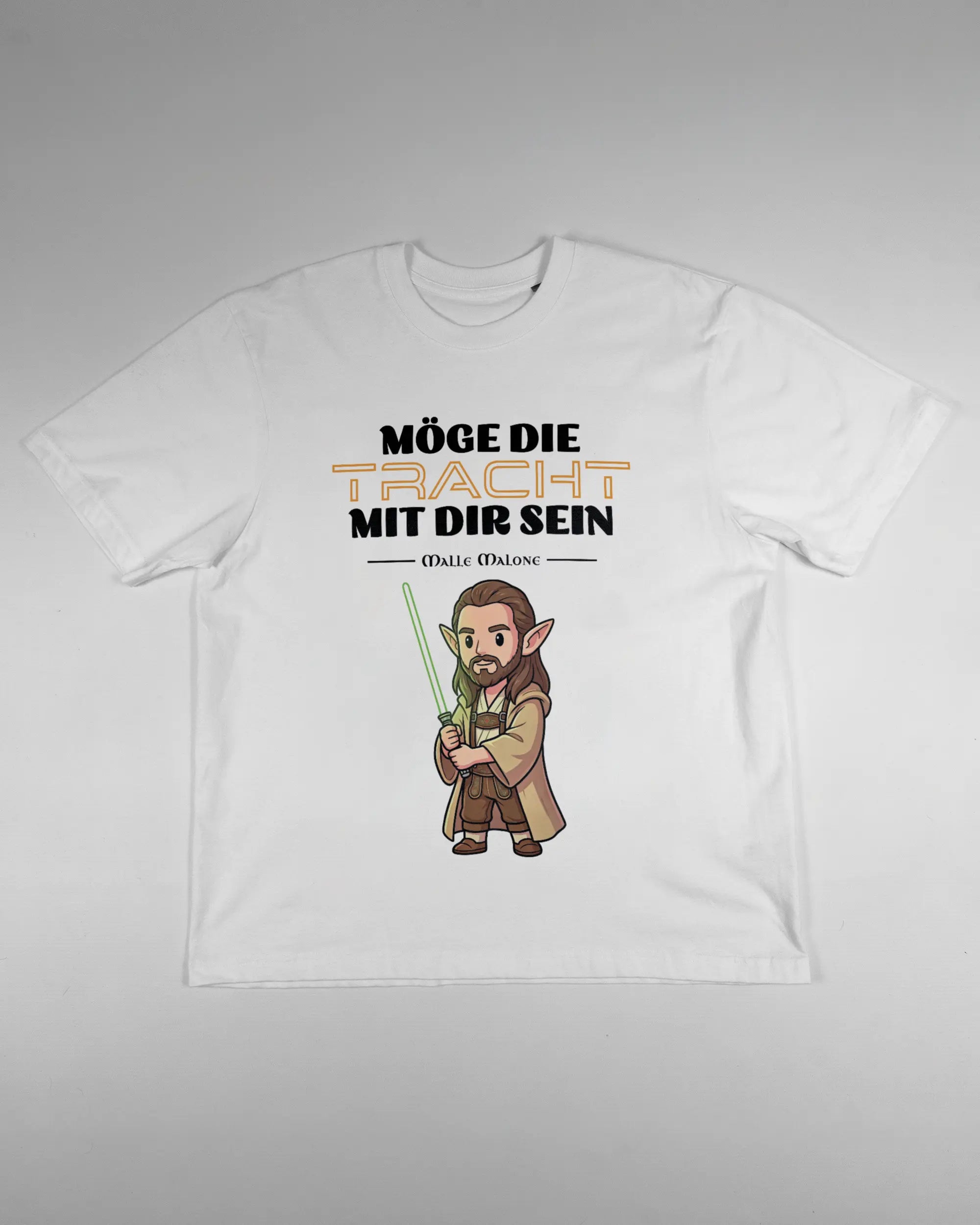 Vorderseite des Basic Unisex T-Shirt Oversized von Maondo mit dem Design Tracht mit dir in der Farbe White und in der Größe S flach auf den Boden gelegt