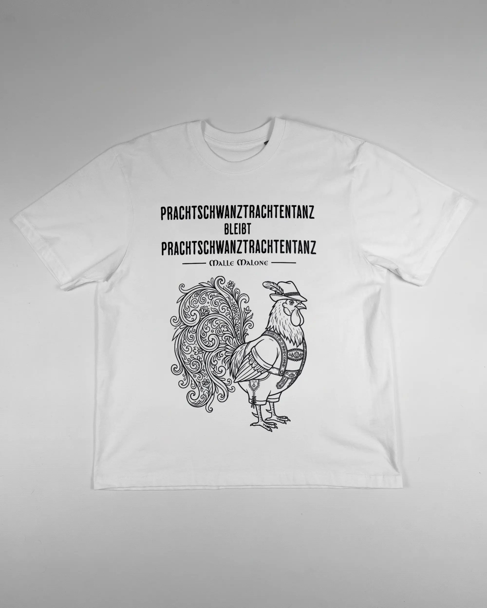Vorderseite des Basic Unisex T-Shirt Oversized von Maondo mit dem Design Trachtentanz in der Farbe White und in der Größe S flach auf den Boden gelegt