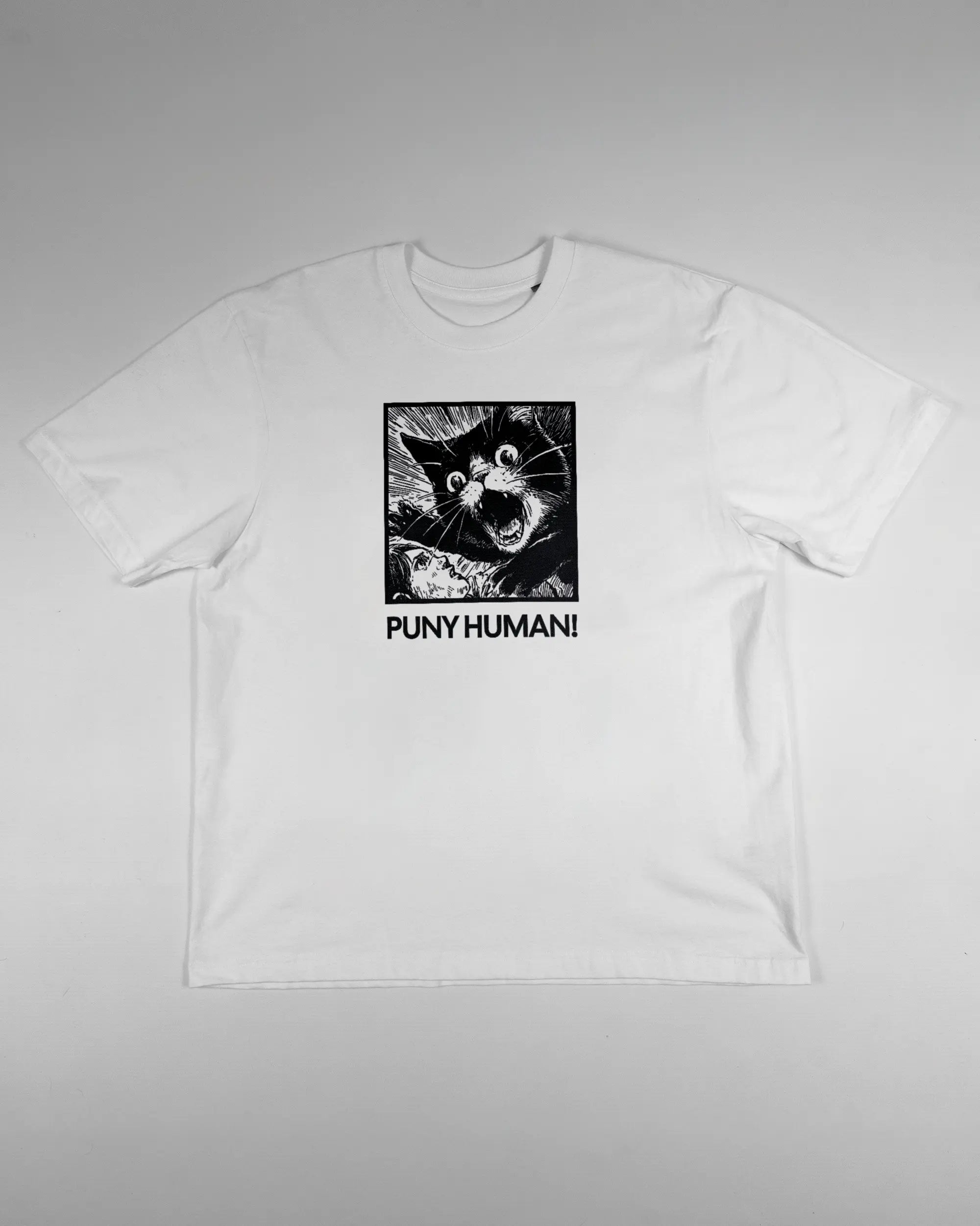 Vorderseite des Basic Unisex T-Shirt Oversized von Maondo mit dem Design Puny Human in der Farbe White und in der Größe S flach auf den Boden gelegt