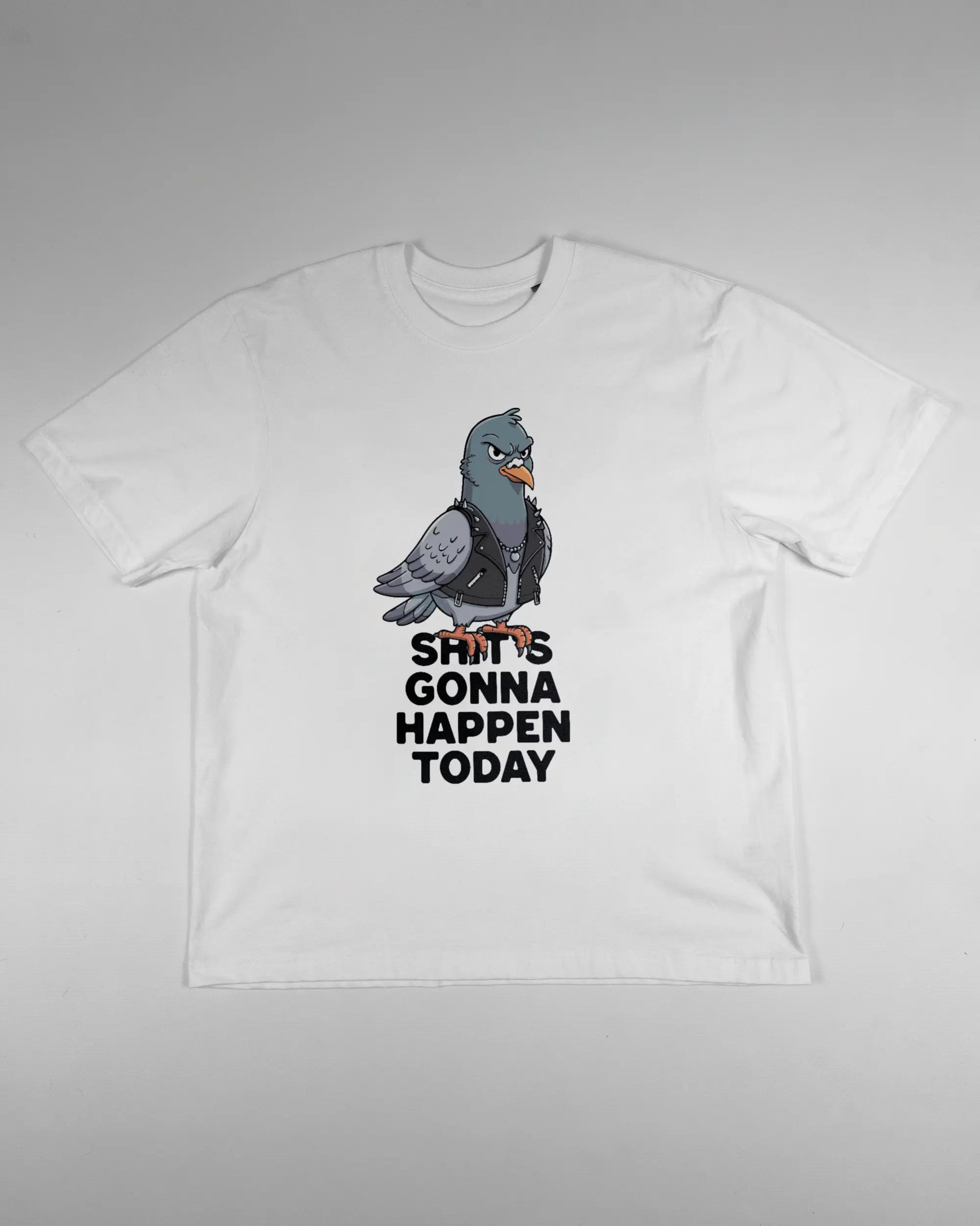Vorderseite des Basic Unisex T-Shirt Oversized von Maondo mit dem Design Pigeon Pun in der Farbe White und in der Größe S flach auf den Boden gelegt