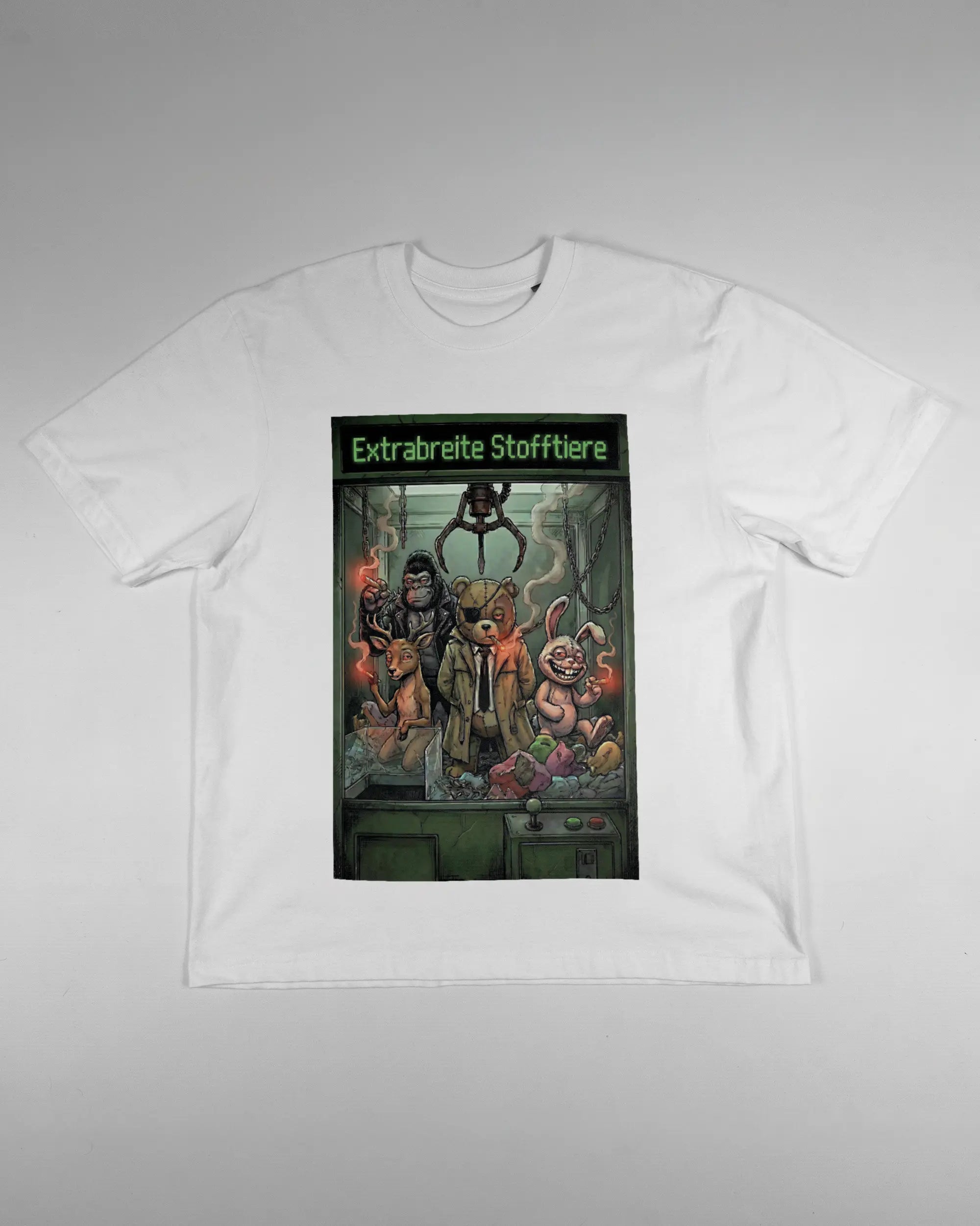 Vorderseite des Basic Unisex T-Shirt Oversized von Maondo mit dem Design Extrabreit in der Farbe White und in der Größe S flach auf den Boden gelegt