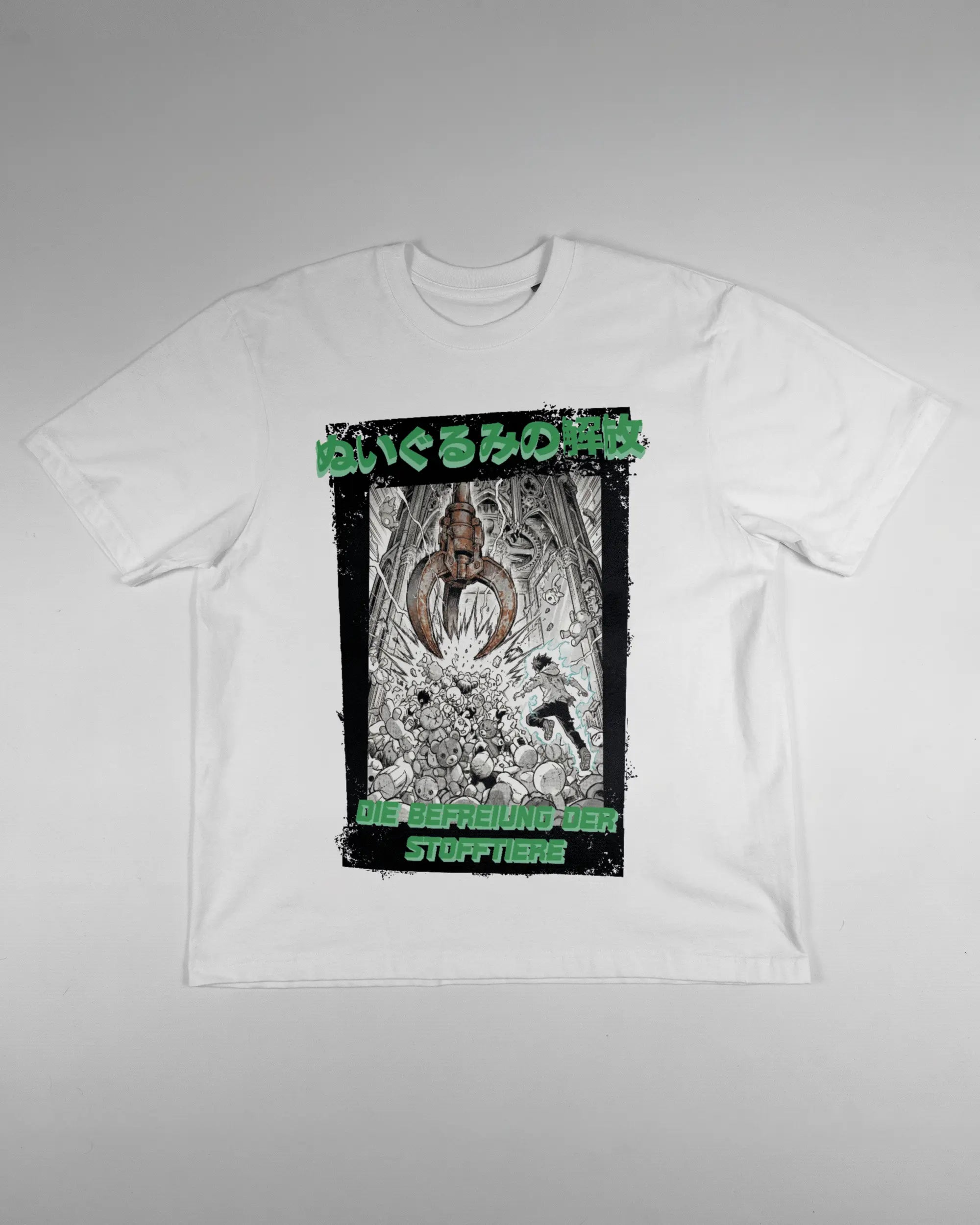 Vorderseite des Basic Unisex T-Shirt Oversized von Maondo mit dem Design Save 1 Stofftier in der Farbe White und in der Größe S flach auf den Boden gelegt