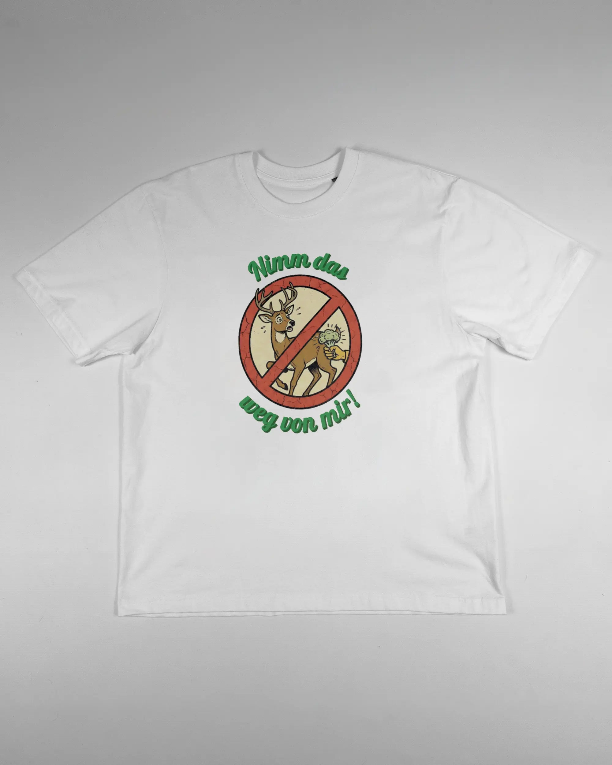 Vorderseite des Basic Unisex T-Shirt Oversized von Maondo mit dem Design Reh weg in der Farbe White und in der Größe S flach auf den Boden gelegt