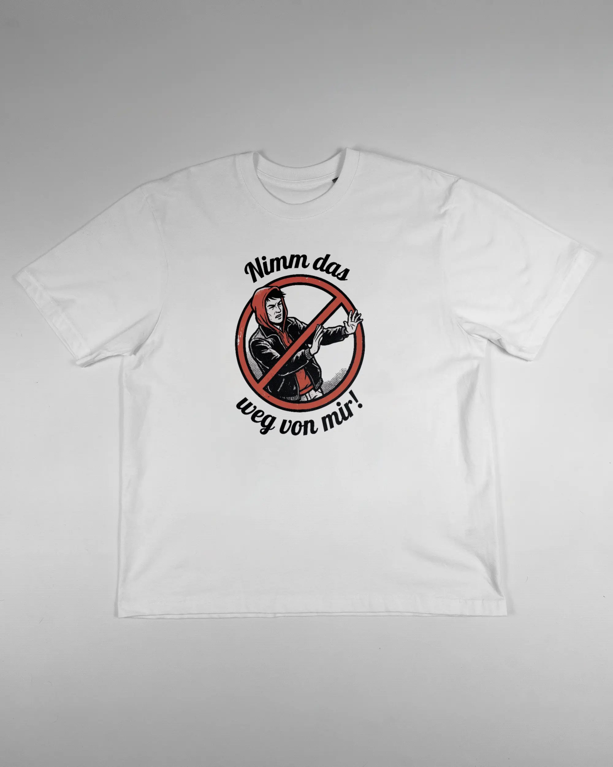 Vorderseite des Basic Unisex T-Shirt Oversized von Maondo mit dem Design Nimm das weg in der Farbe White und in der Größe S flach auf den Boden gelegt