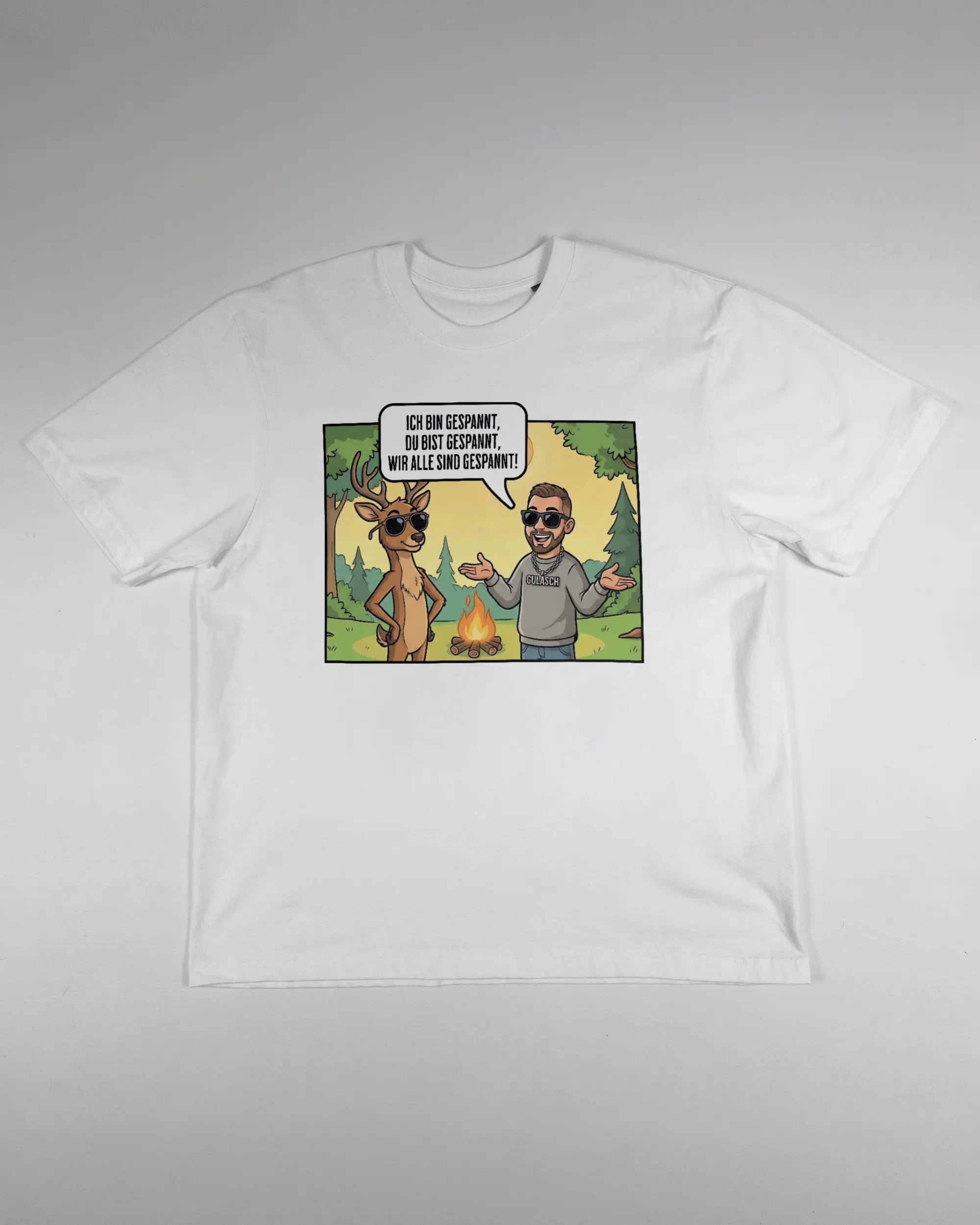 Vorderseite des Basic Unisex T-Shirt Oversized von Maondo mit dem Design Vollspannung in der Farbe White und in der Größe S flach auf den Boden gelegt