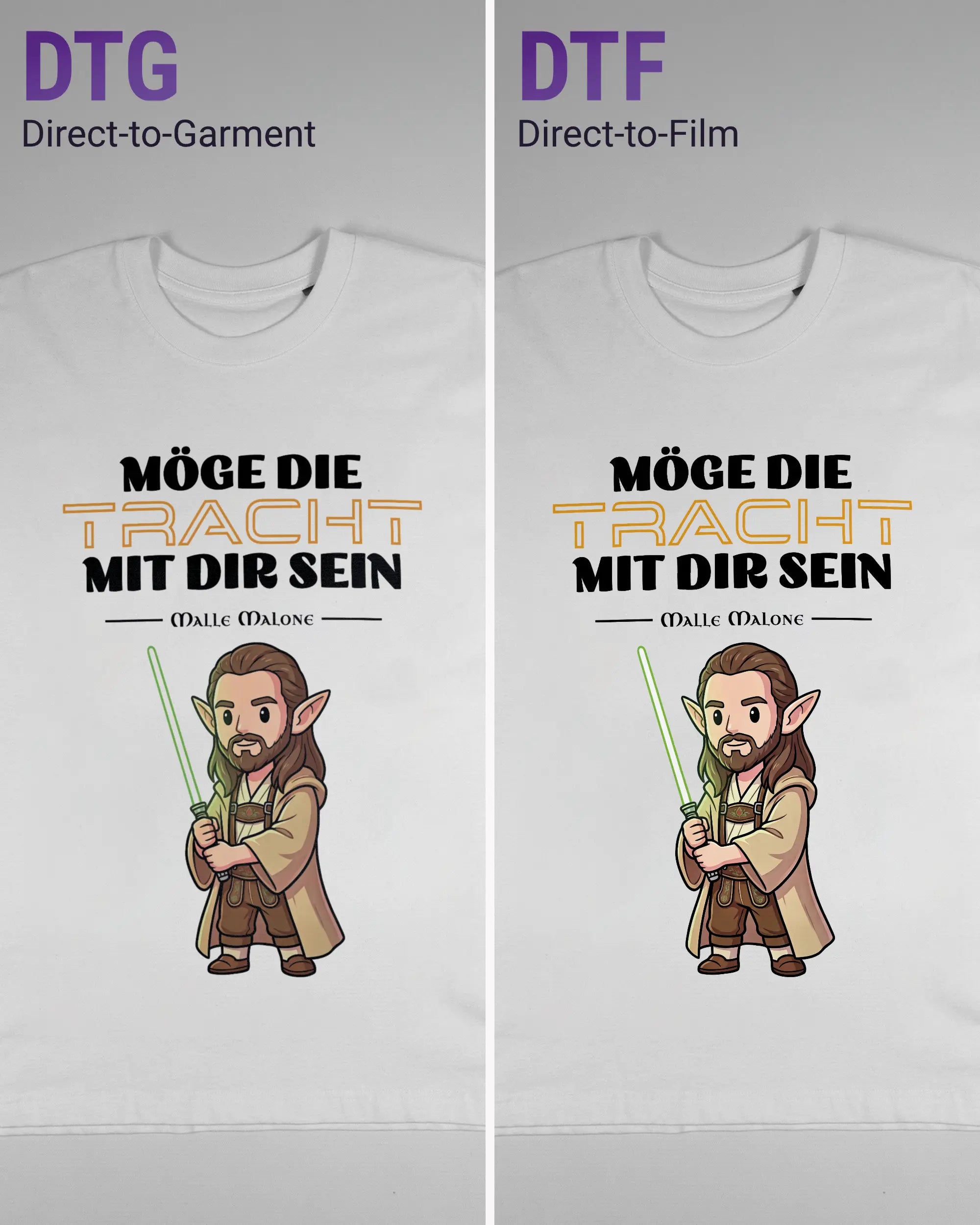 Vergleich der Vorderseiten des Basic Unisex T-Shirt Oversized von Maondo mit dem Design Tracht mit dir in der Farbe White und in der Größe S links mit dem Direct-to-Garment und rechts mit dem Direct-to-Film Verfahren
