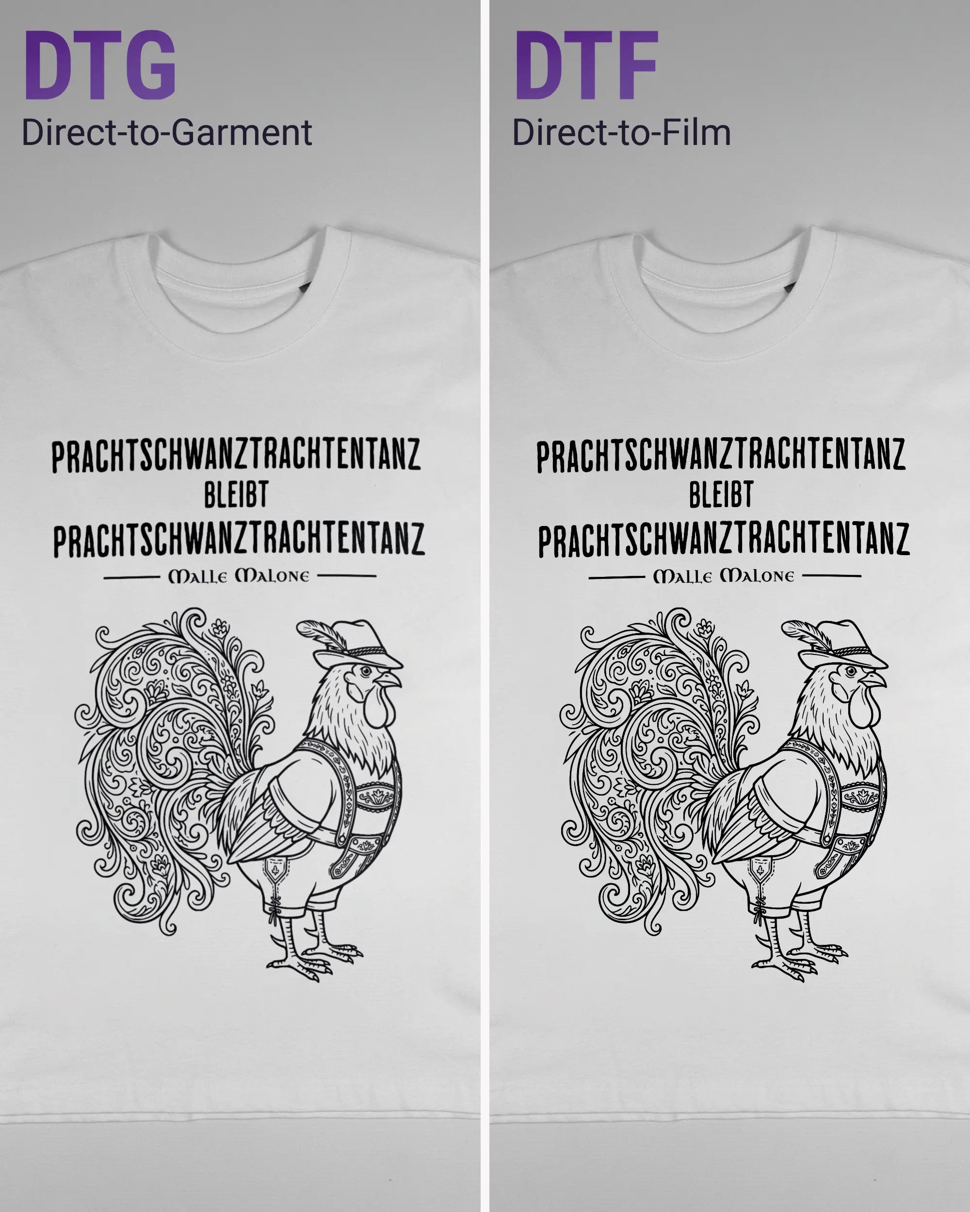 Vergleich der Vorderseiten des Basic Unisex T-Shirt Oversized von Maondo mit dem Design Trachtentanz in der Farbe White und in der Größe S links mit dem Direct-to-Garment und rechts mit dem Direct-to-Film Verfahren
