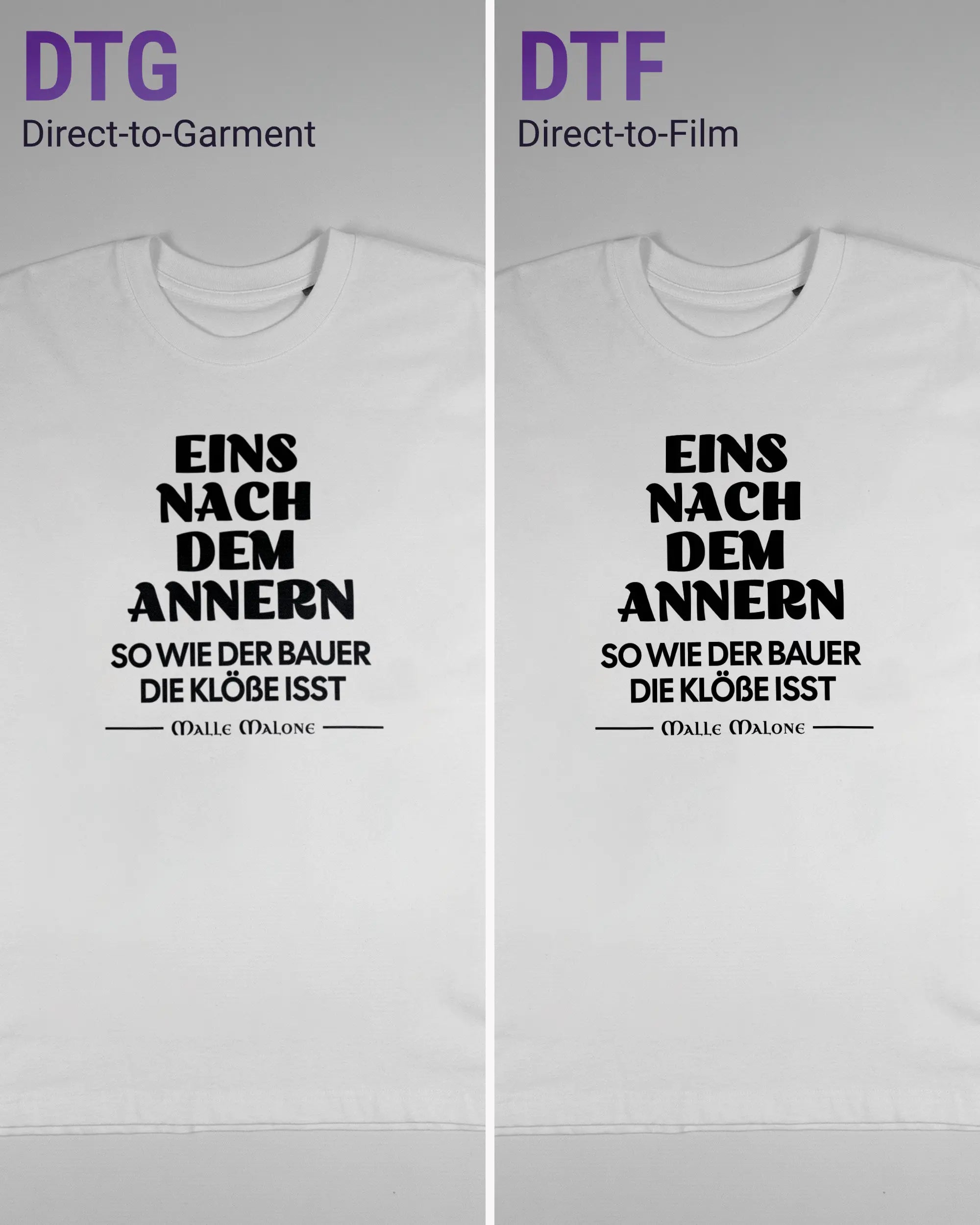 Vergleich der Vorderseiten des Basic Unisex T-Shirt Oversized von Maondo mit dem Design Eins nach dem Annern in der Farbe White und in der Größe S links mit dem Direct-to-Garment und rechts mit dem Direct-to-Film Verfahren