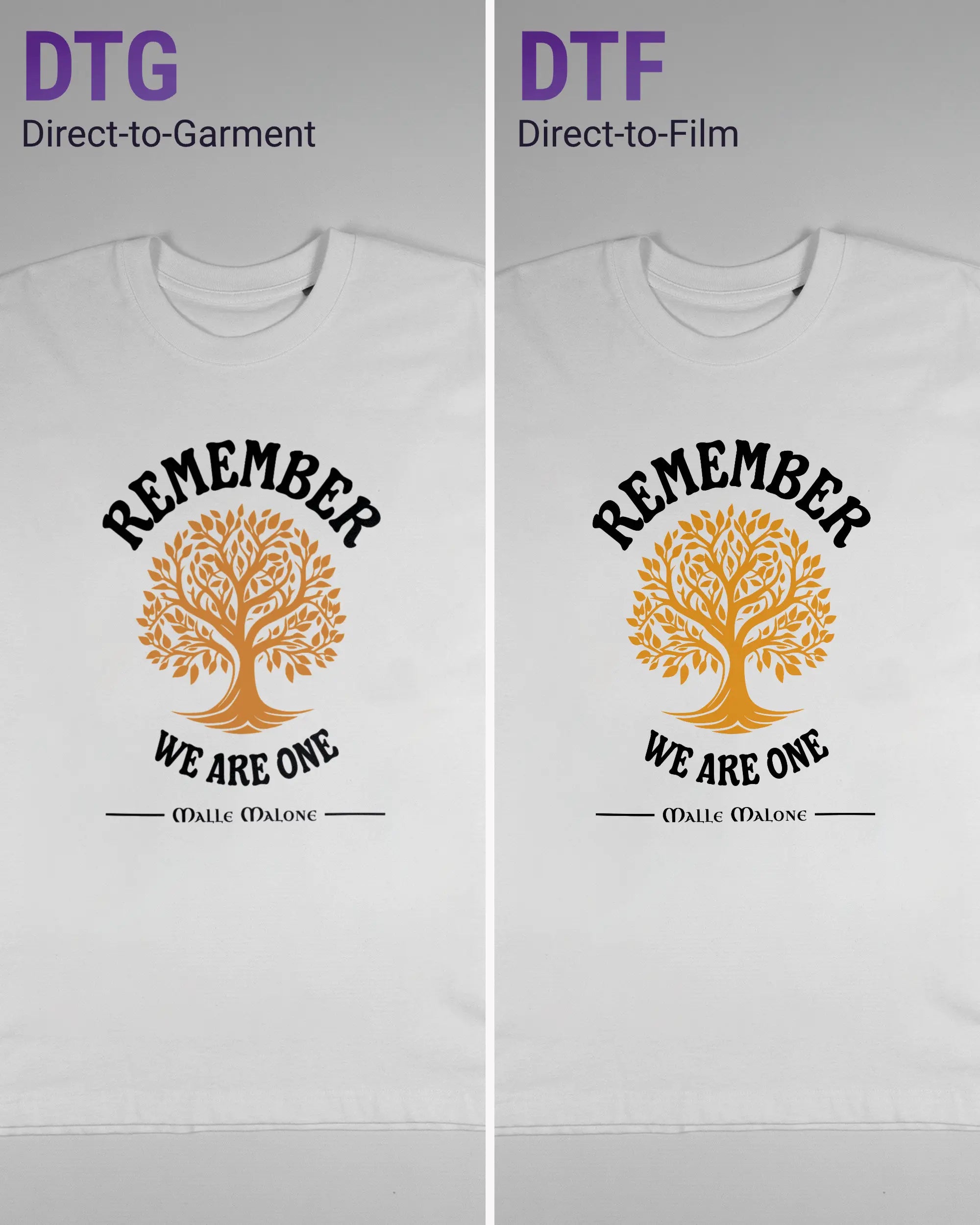 Vergleich der Vorderseiten des Basic Unisex T-Shirt Oversized von Maondo mit dem Design We are one in der Farbe White und in der Größe S links mit dem Direct-to-Garment und rechts mit dem Direct-to-Film Verfahren