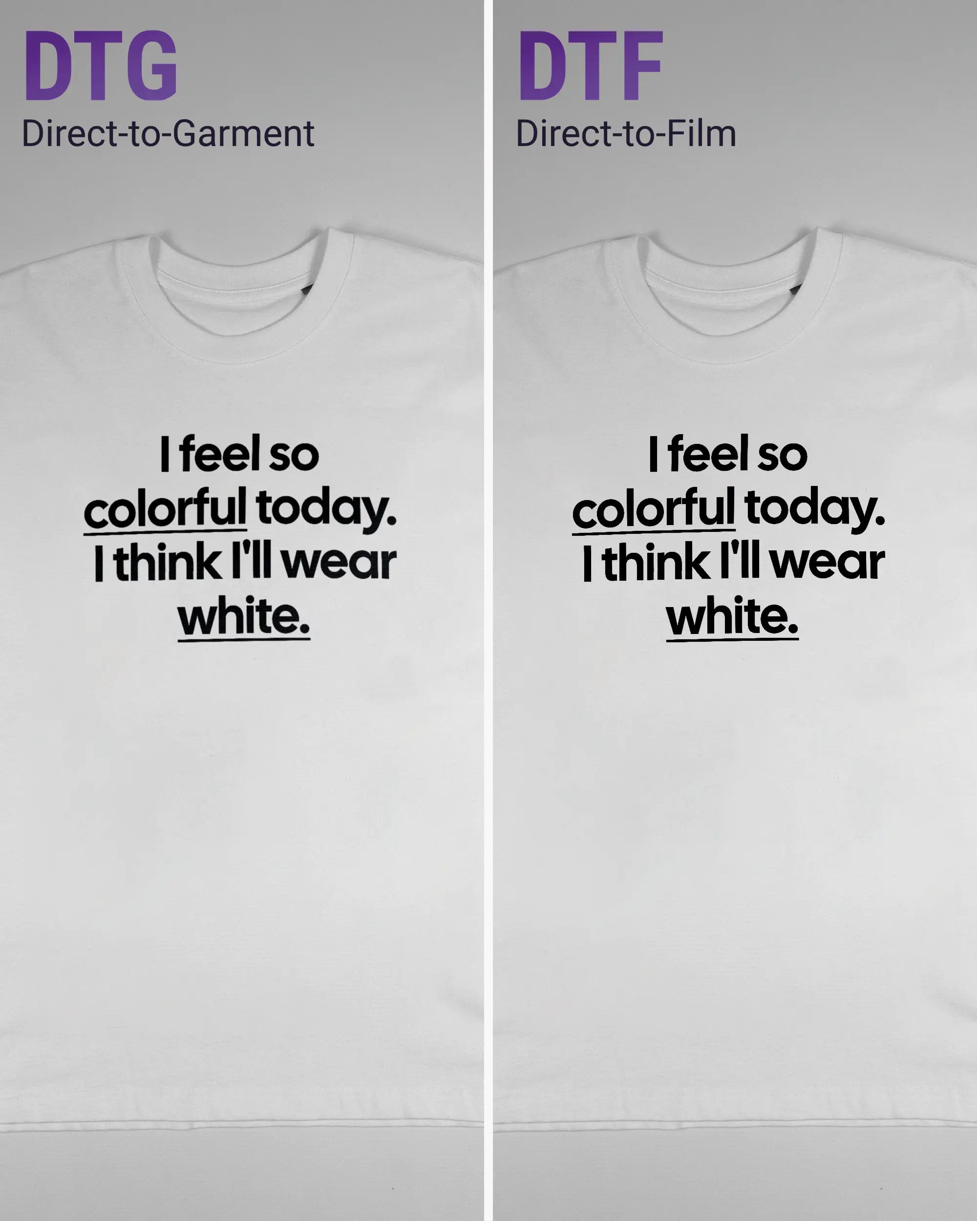 Vergleich der Vorderseiten des Basic Unisex T-Shirt Oversized von Maondo mit dem Design Colorful Day in der Farbe White und in der Größe S links mit dem Direct-to-Garment und rechts mit dem Direct-to-Film Verfahren