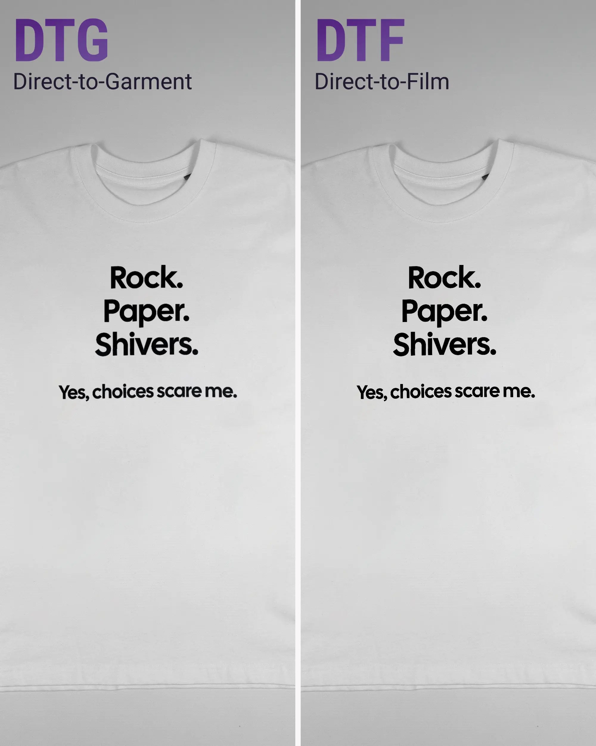 Vergleich der Vorderseiten des Basic Unisex T-Shirt Oversized von Maondo mit dem Design Rock Paper Shivers in der Farbe White und in der Größe S links mit dem Direct-to-Garment und rechts mit dem Direct-to-Film Verfahren