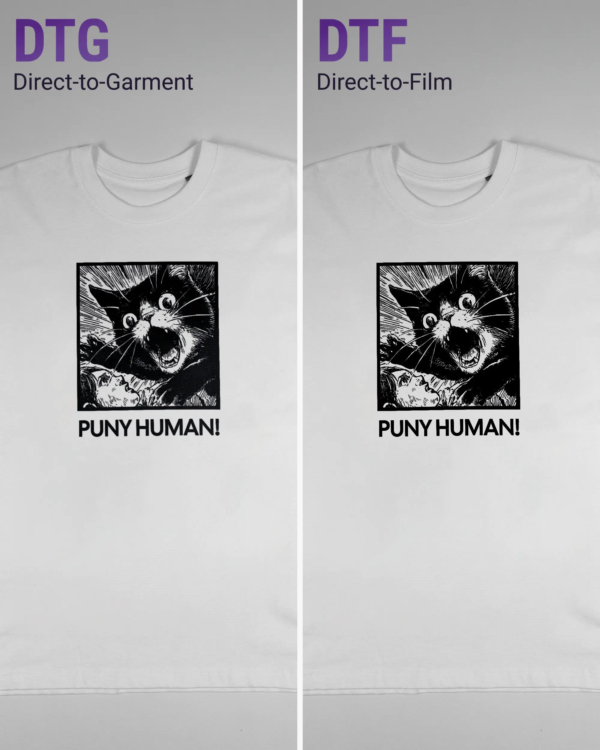 Vergleich der Vorderseiten des Basic Unisex T-Shirt Oversized von Maondo mit dem Design Puny Human in der Farbe White und in der Größe S links mit dem Direct-to-Garment und rechts mit dem Direct-to-Film Verfahren