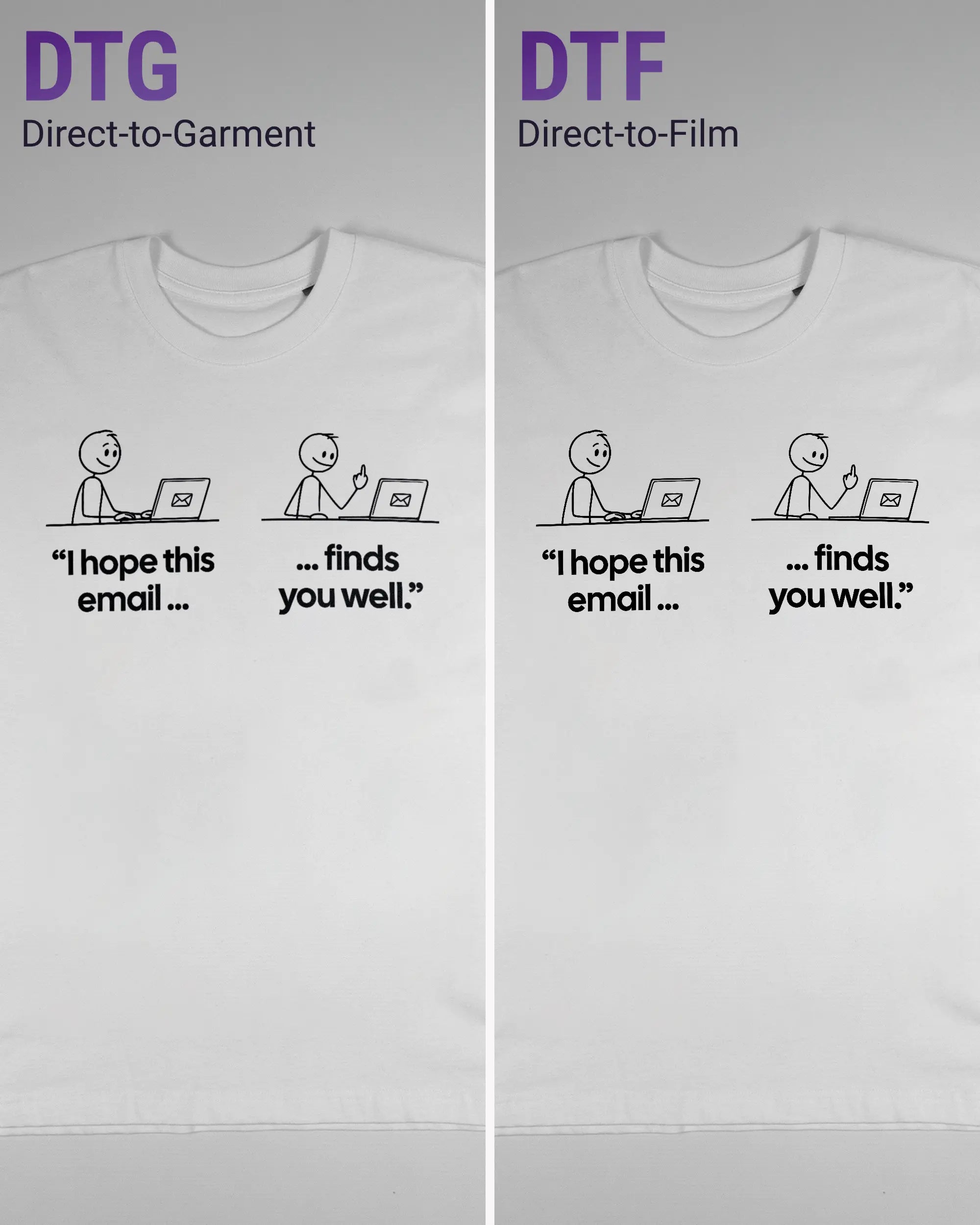 Vergleich der Vorderseiten des Basic Unisex T-Shirt Oversized von Maondo mit dem Design Found me not well in der Farbe White und in der Größe S links mit dem Direct-to-Garment und rechts mit dem Direct-to-Film Verfahren