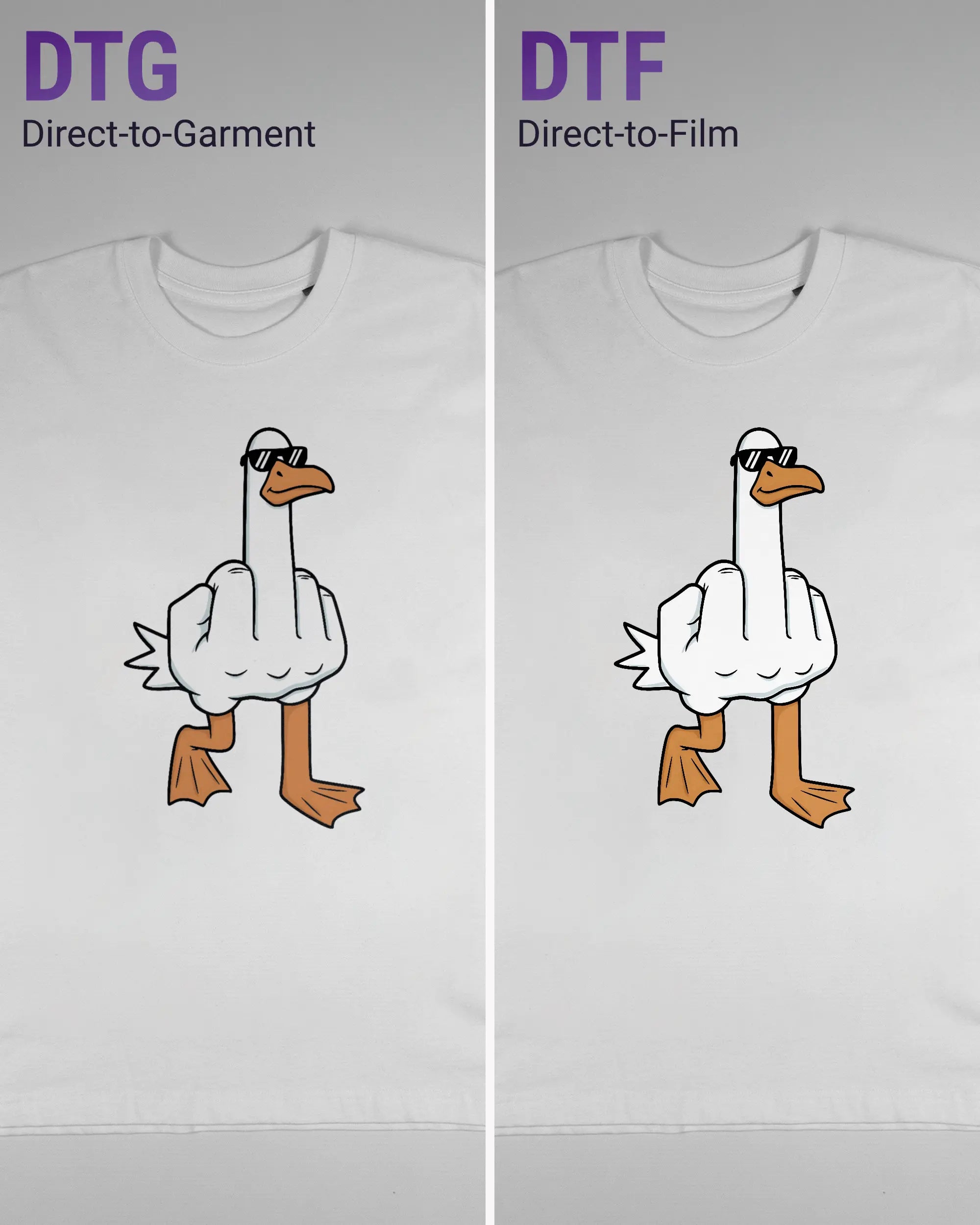 Vergleich der Vorderseiten des Basic Unisex T-Shirt Oversized von Maondo mit dem Design I give a duck in der Farbe White und in der Größe S links mit dem Direct-to-Garment und rechts mit dem Direct-to-Film Verfahren