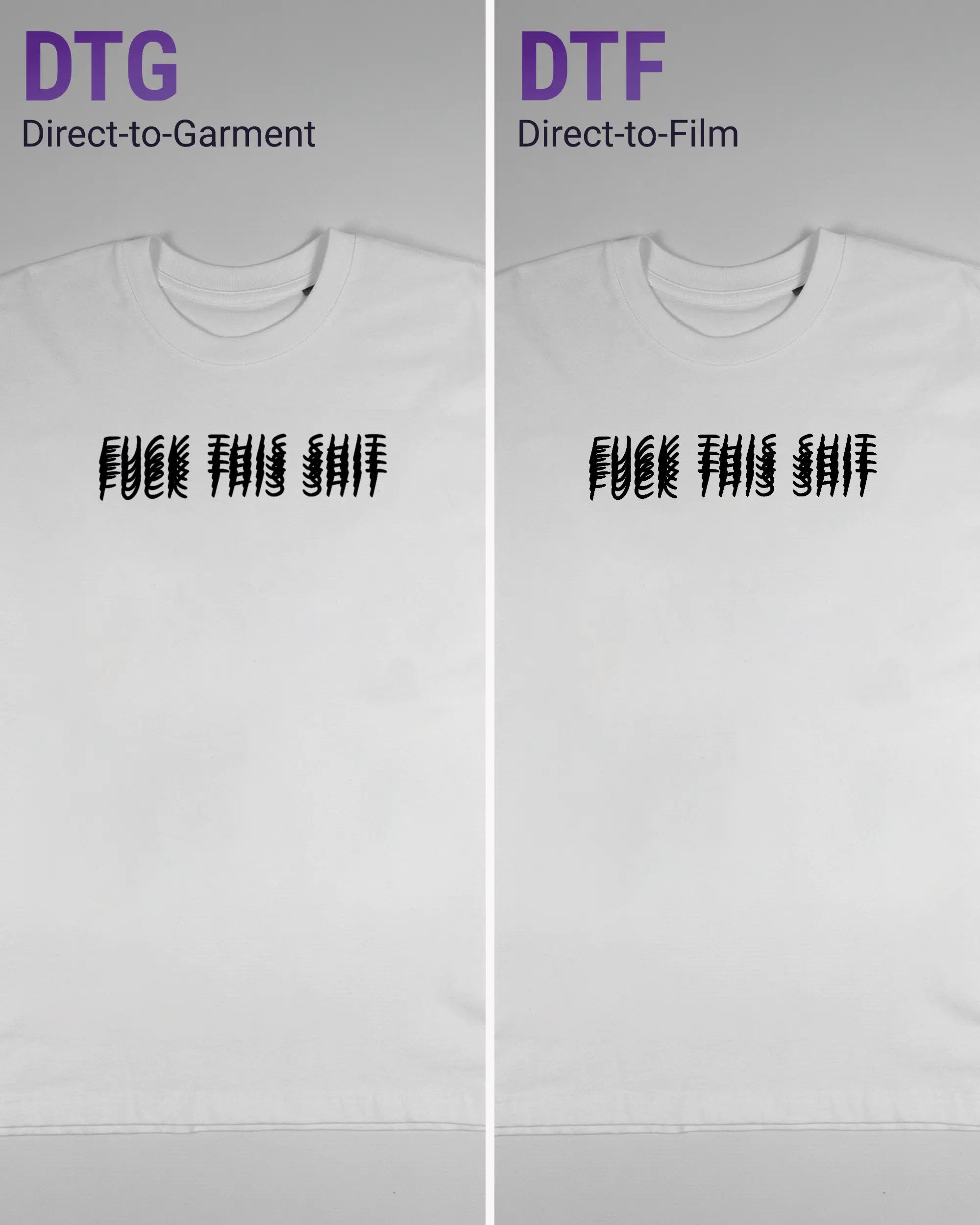 Vergleich der Vorderseiten des Basic Unisex T-Shirt Oversized von Maondo mit dem Design Hidden Message in der Farbe White und in der Größe S links mit dem Direct-to-Garment und rechts mit dem Direct-to-Film Verfahren