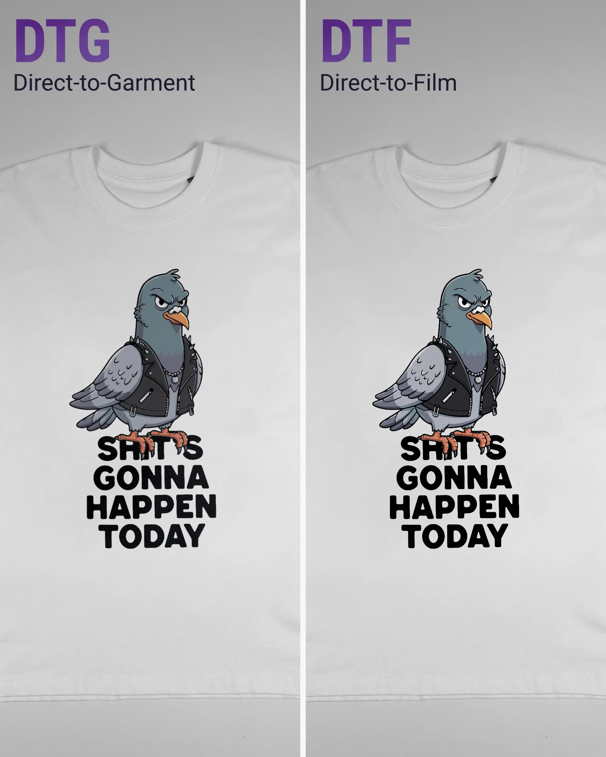 Vergleich der Vorderseiten des Basic Unisex T-Shirt Oversized von Maondo mit dem Design Pigeon Pun in der Farbe White und in der Größe S links mit dem Direct-to-Garment und rechts mit dem Direct-to-Film Verfahren