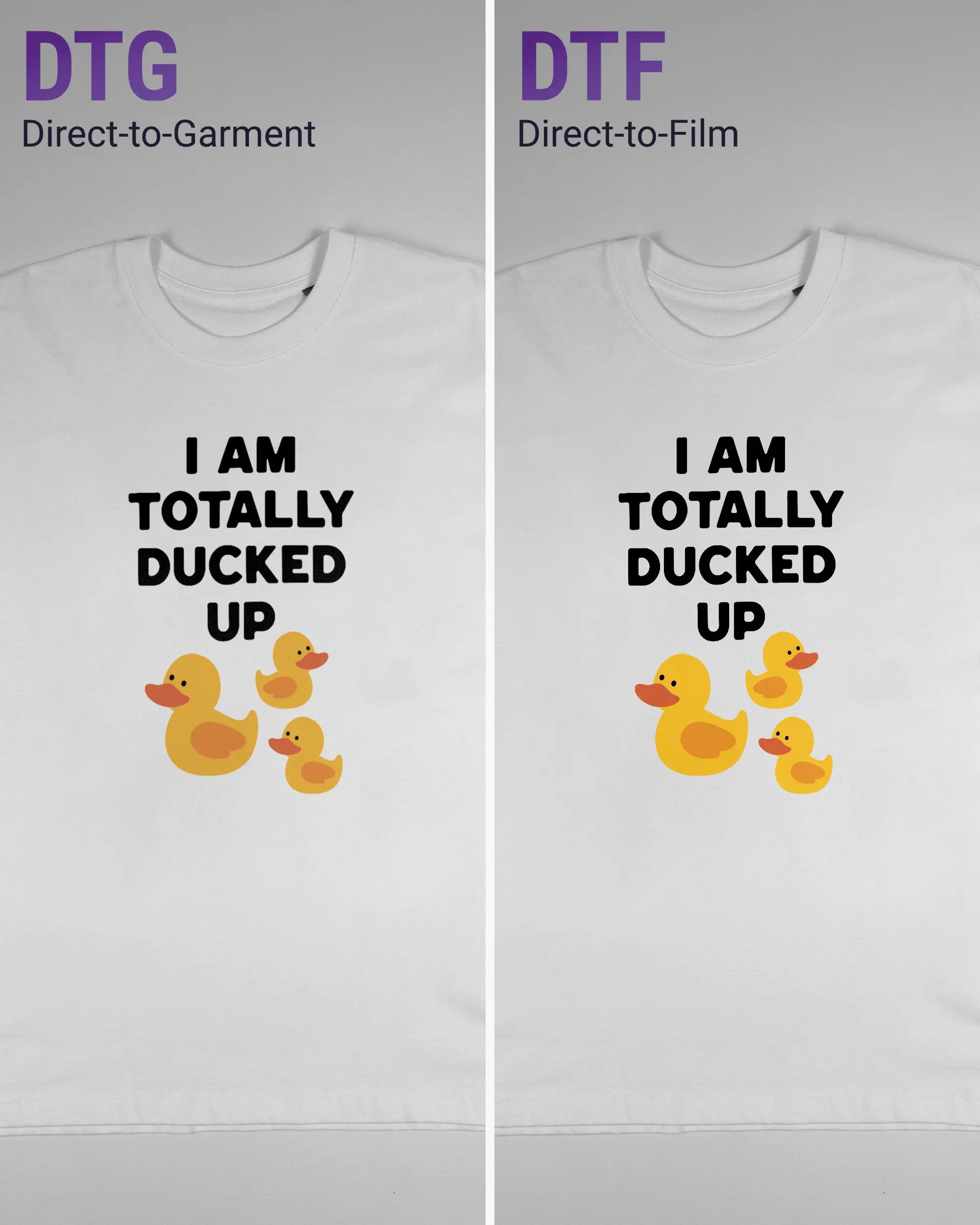 Vergleich der Vorderseiten des Basic Unisex T-Shirt Oversized von Maondo mit dem Design Ducked Up in der Farbe White und in der Größe S links mit dem Direct-to-Garment und rechts mit dem Direct-to-Film Verfahren