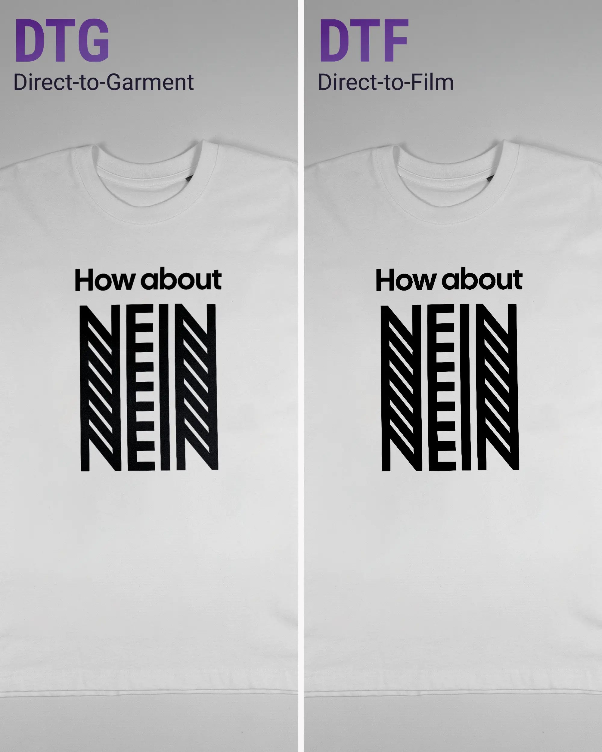 Vergleich der Vorderseiten des Basic Unisex T-Shirt Oversized von Maondo mit dem Design How about nein in der Farbe White und in der Größe S links mit dem Direct-to-Garment und rechts mit dem Direct-to-Film Verfahren