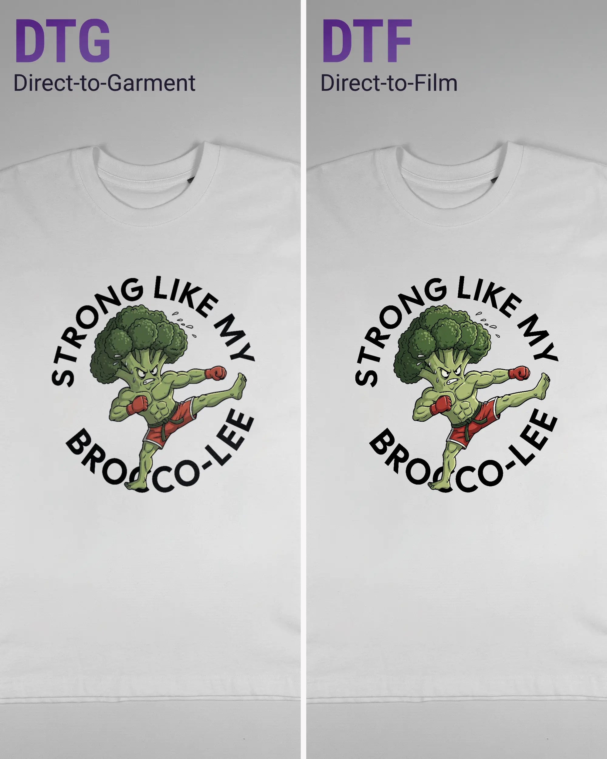 Vergleich der Vorderseiten des Basic Unisex T-Shirt Oversized von Maondo mit dem Design Brocco-Lee in der Farbe White und in der Größe S links mit dem Direct-to-Garment und rechts mit dem Direct-to-Film Verfahren