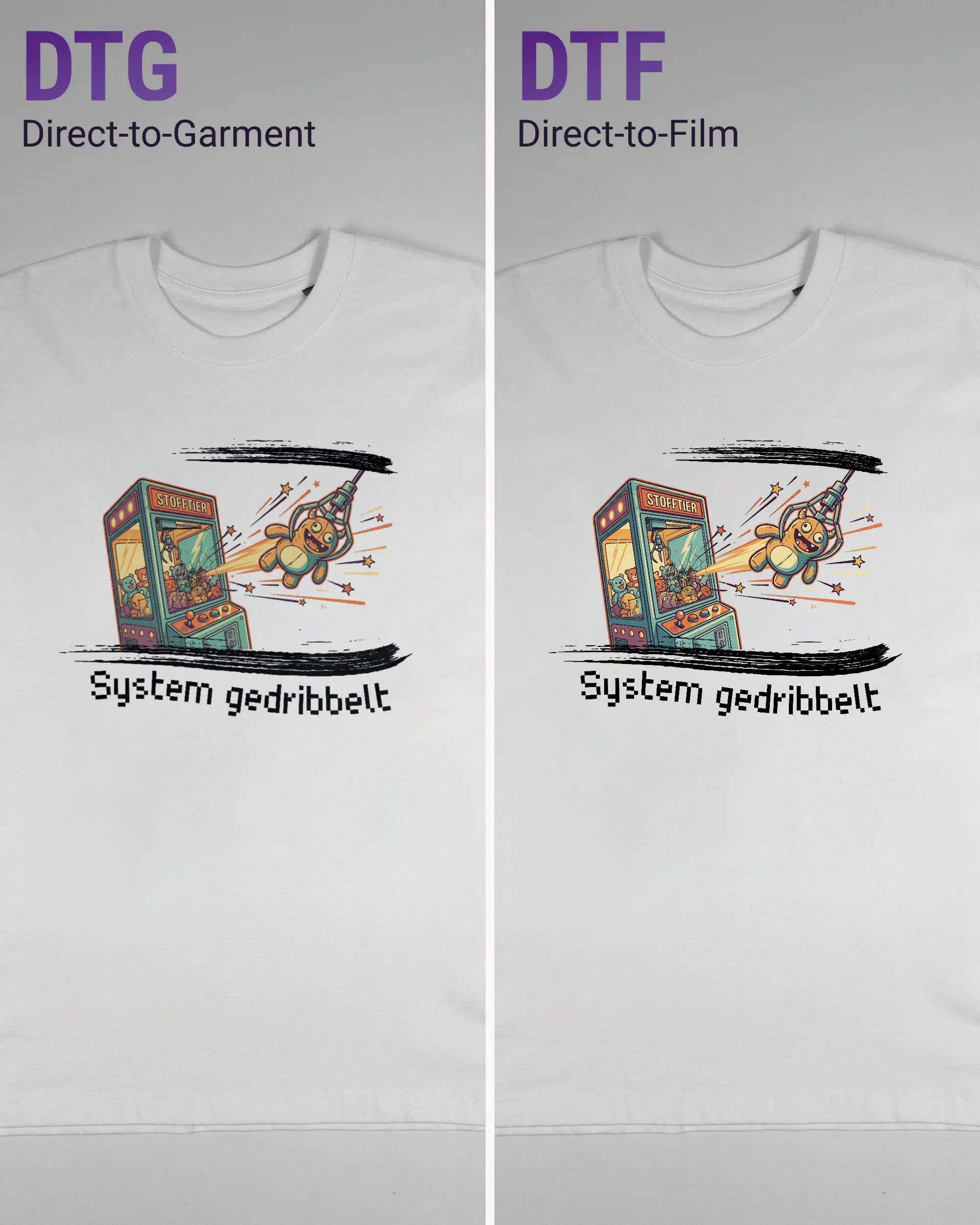 Vergleich der Vorderseiten des Basic Unisex T-Shirt Oversized von Maondo mit dem Design System gedribbelt in der Farbe White und in der Größe S links mit dem Direct-to-Garment und rechts mit dem Direct-to-Film Verfahren