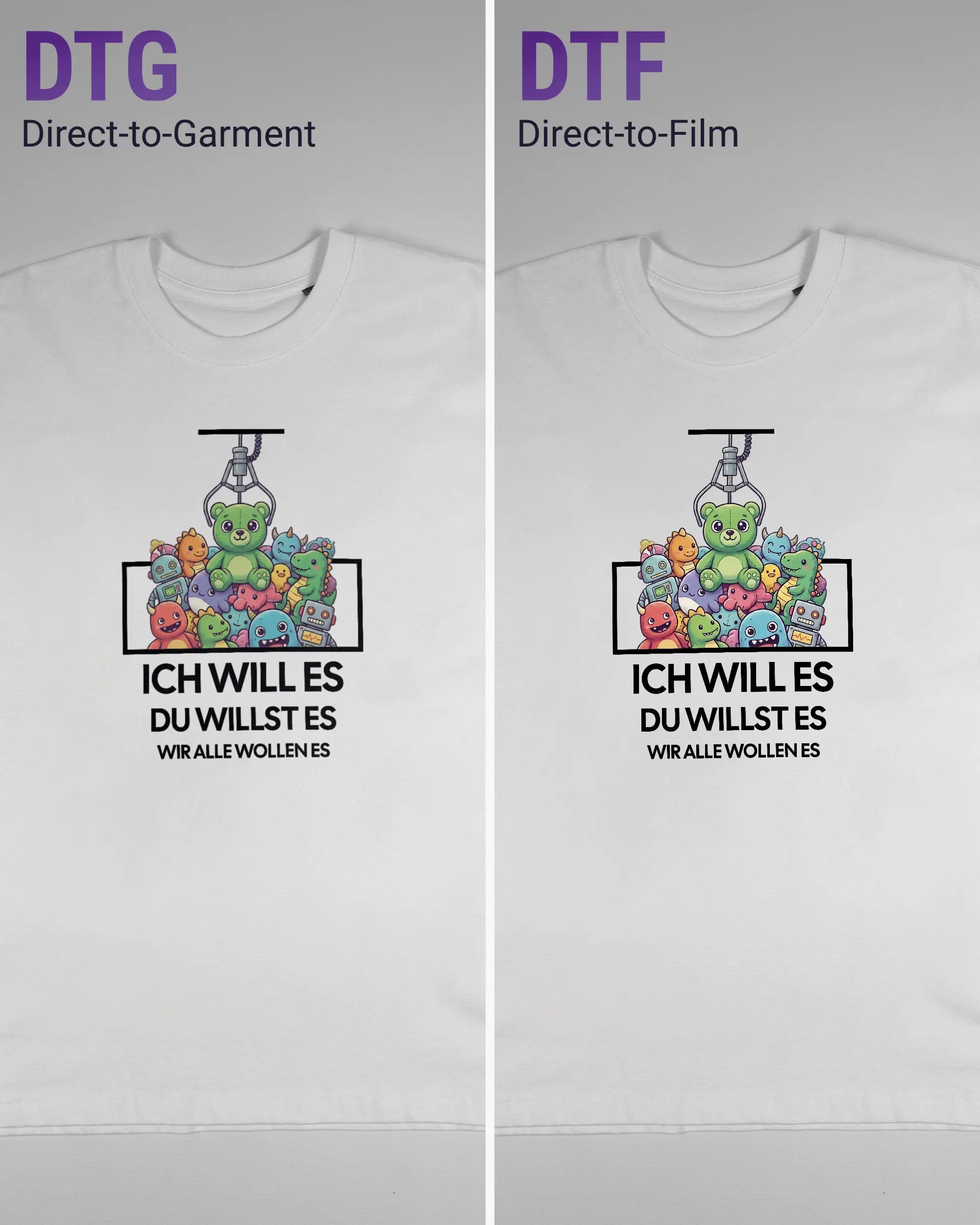 Vergleich der Vorderseiten des Basic Unisex T-Shirt Oversized von Maondo mit dem Design Will Stofftier in der Farbe White und in der Größe S links mit dem Direct-to-Garment und rechts mit dem Direct-to-Film Verfahren