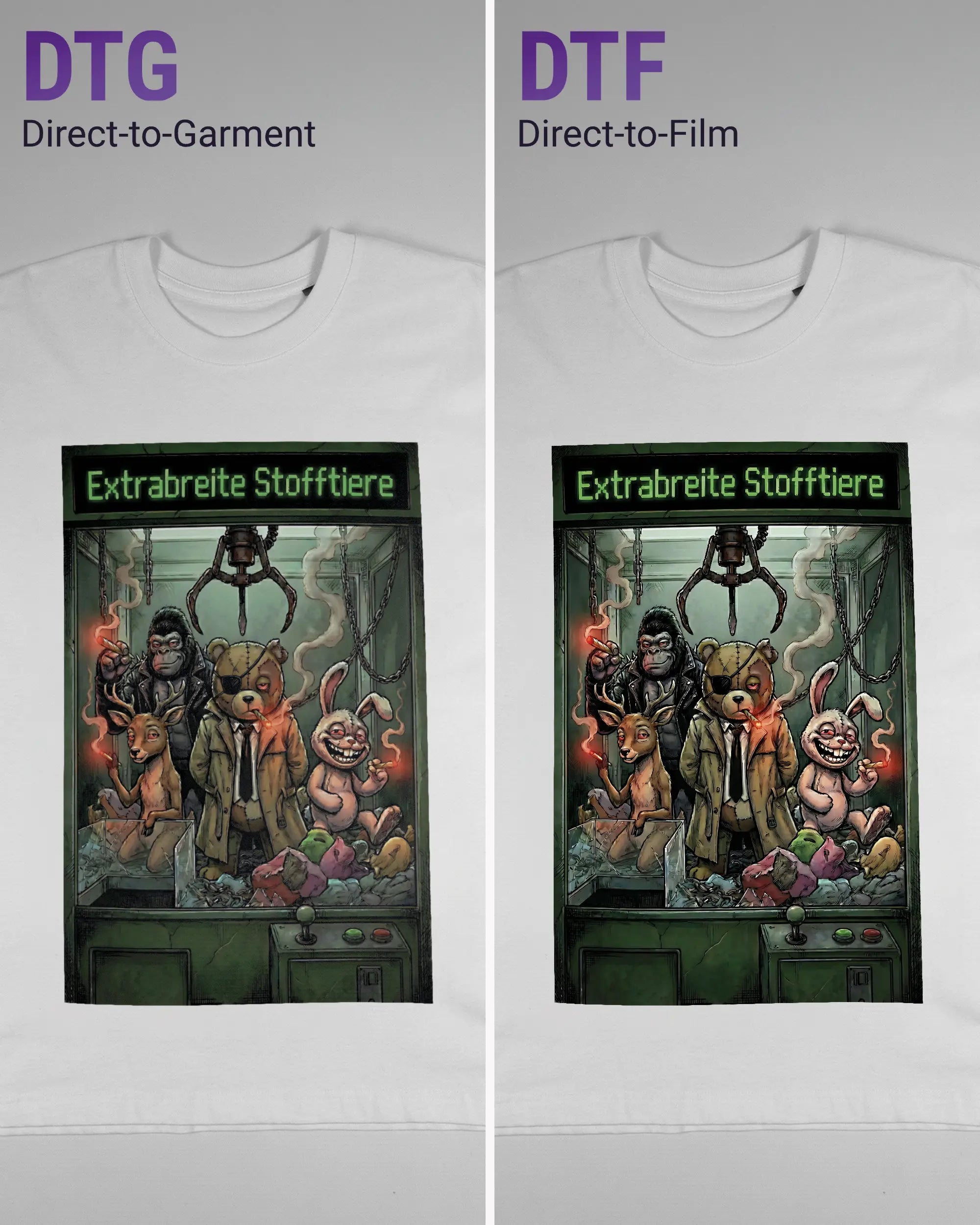 Vergleich der Vorderseiten des Basic Unisex T-Shirt Oversized von Maondo mit dem Design Extrabreit in der Farbe White und in der Größe S links mit dem Direct-to-Garment und rechts mit dem Direct-to-Film Verfahren