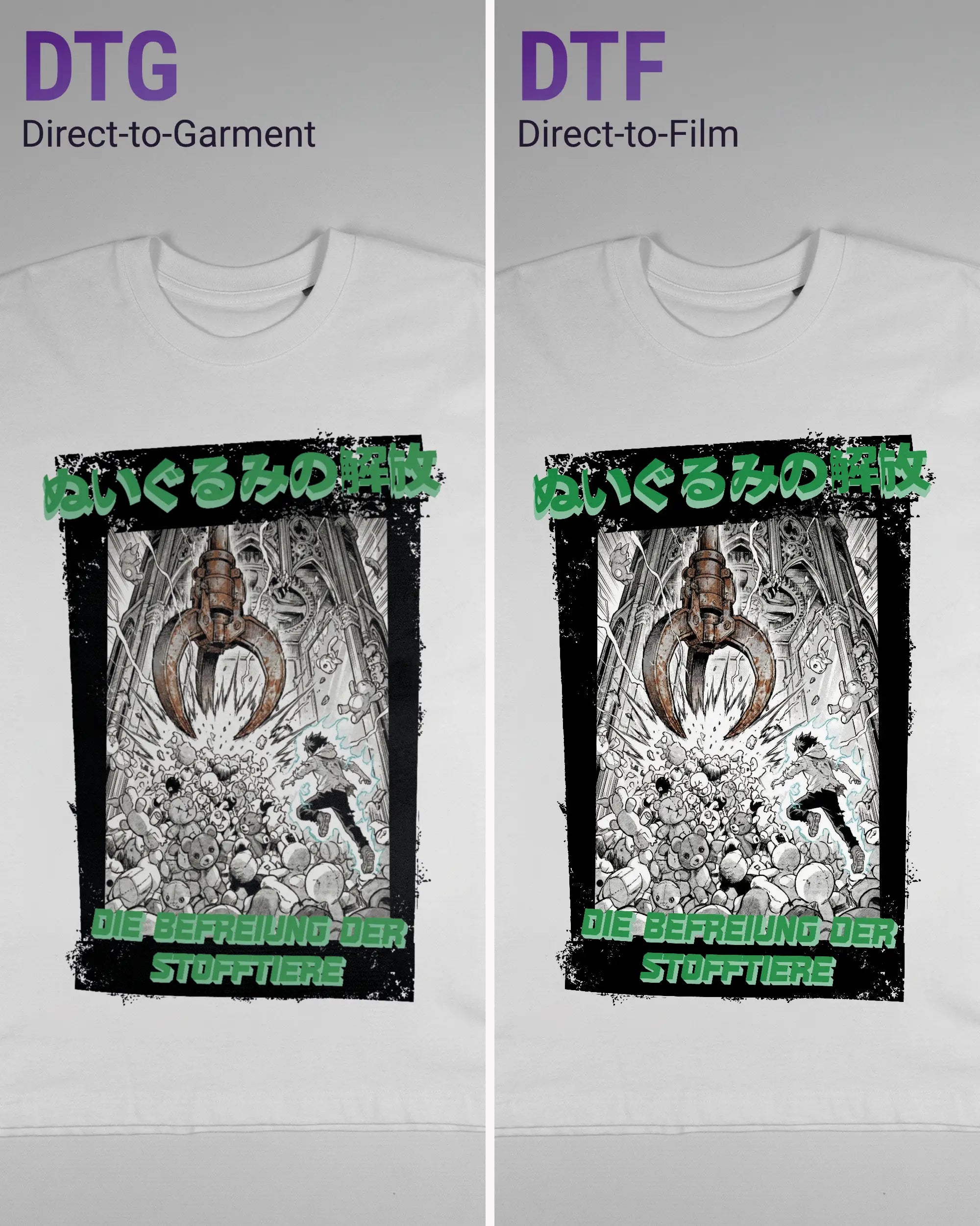 Vergleich der Vorderseiten des Basic Unisex T-Shirt Oversized von Maondo mit dem Design Save 1 Stofftier in der Farbe White und in der Größe S links mit dem Direct-to-Garment und rechts mit dem Direct-to-Film Verfahren