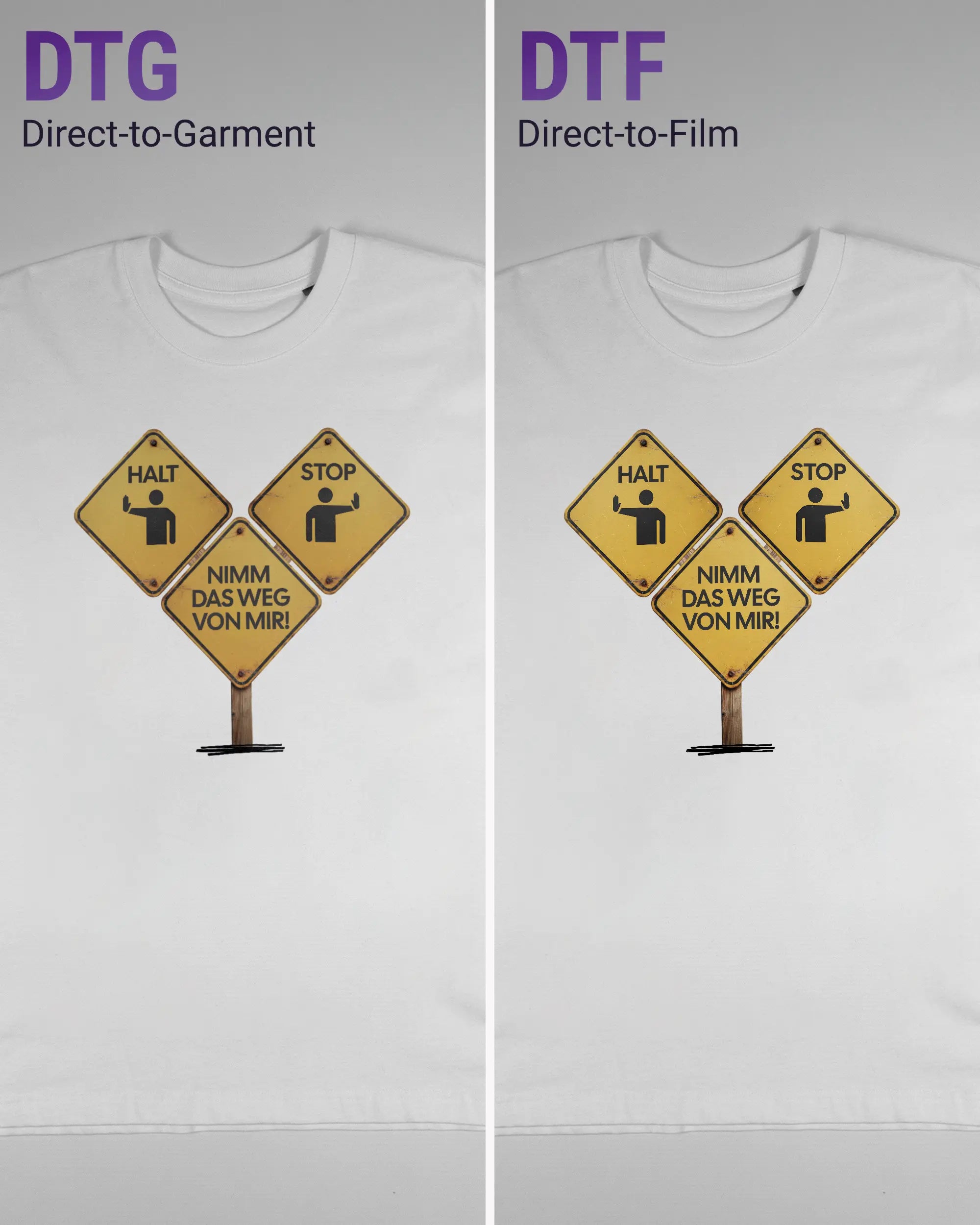 Vergleich der Vorderseiten des Basic Unisex T-Shirt Oversized von Maondo mit dem Design Schutzschild in der Farbe White und in der Größe S links mit dem Direct-to-Garment und rechts mit dem Direct-to-Film Verfahren