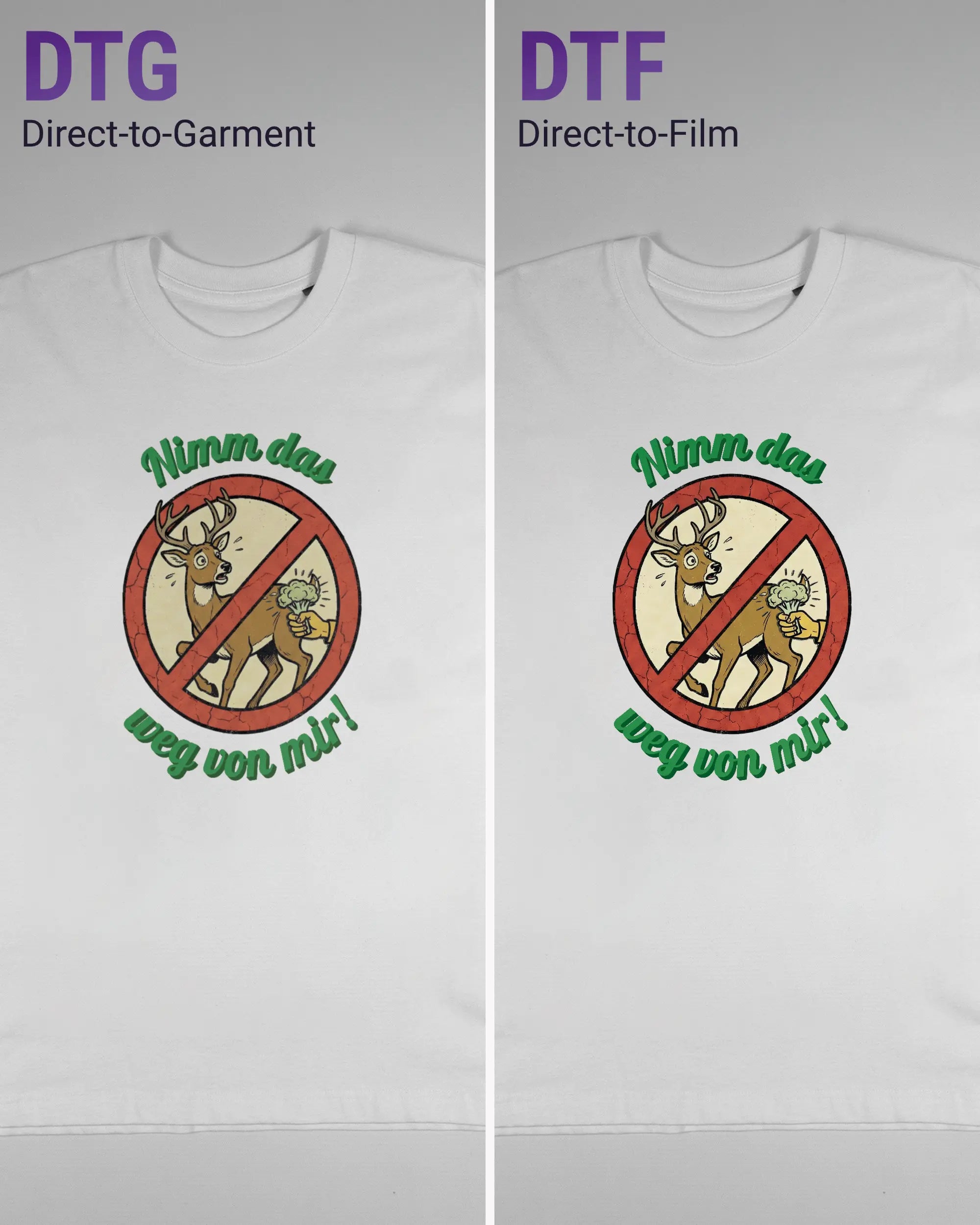 Vergleich der Vorderseiten des Basic Unisex T-Shirt Oversized von Maondo mit dem Design Reh weg in der Farbe White und in der Größe S links mit dem Direct-to-Garment und rechts mit dem Direct-to-Film Verfahren