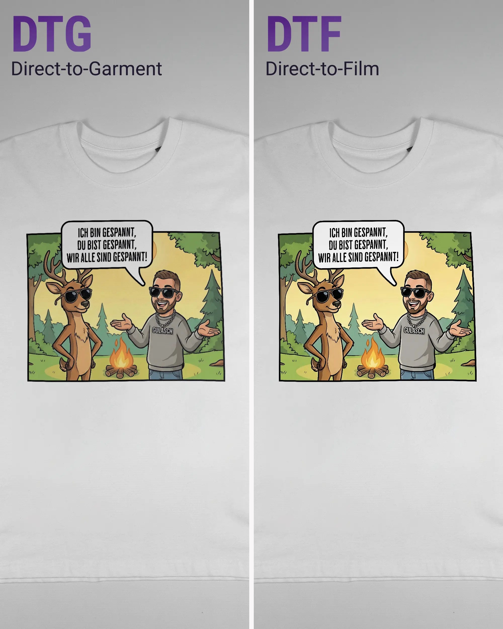 Vergleich der Vorderseiten des Basic Unisex T-Shirt Oversized von Maondo mit dem Design Vollspannung in der Farbe White und in der Größe S links mit dem Direct-to-Garment und rechts mit dem Direct-to-Film Verfahren