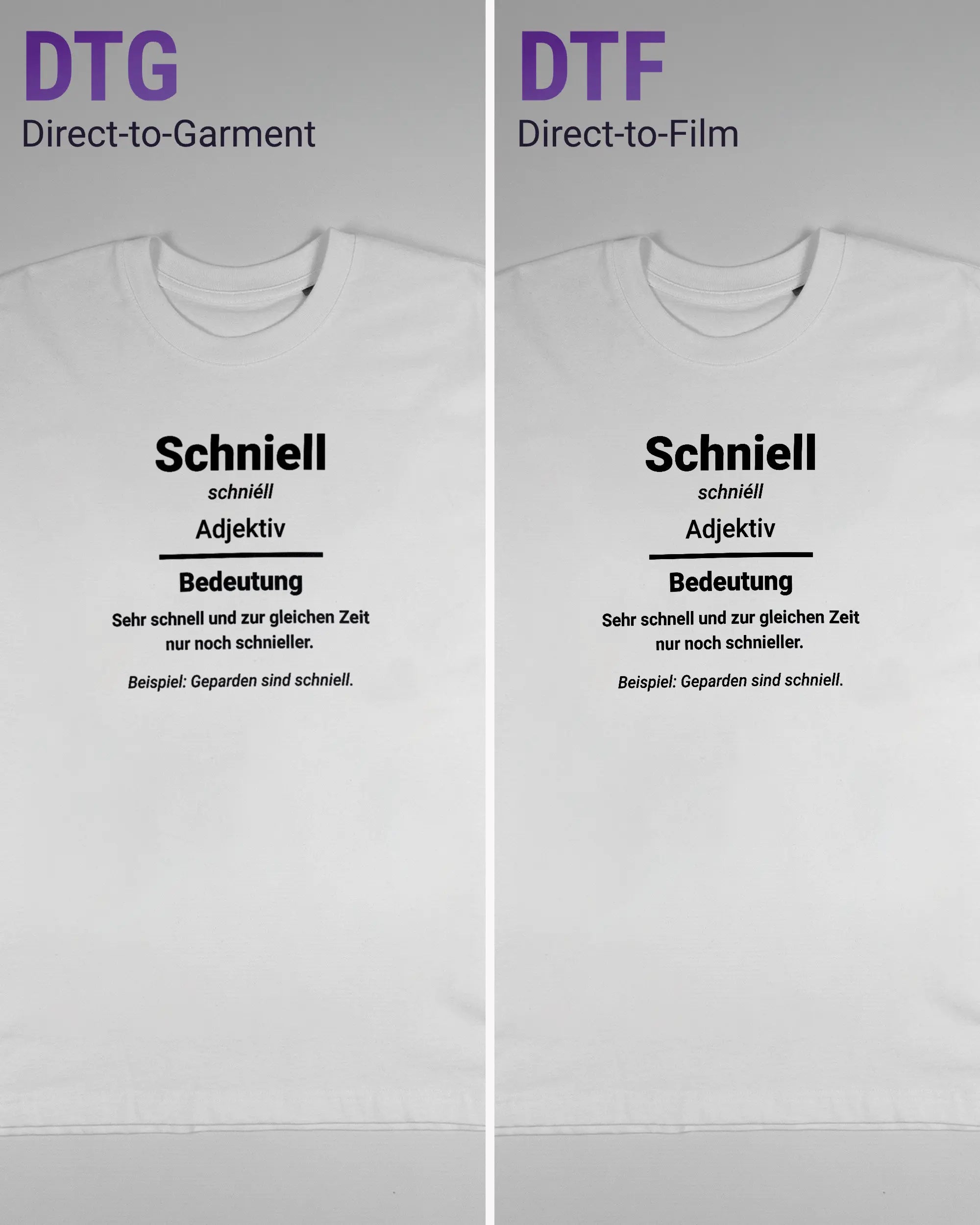 Vergleich der Vorderseiten des Basic Unisex T-Shirt Oversized von Maondo mit dem Design Schniell in der Farbe White und in der Größe S links mit dem Direct-to-Garment und rechts mit dem Direct-to-Film Verfahren
