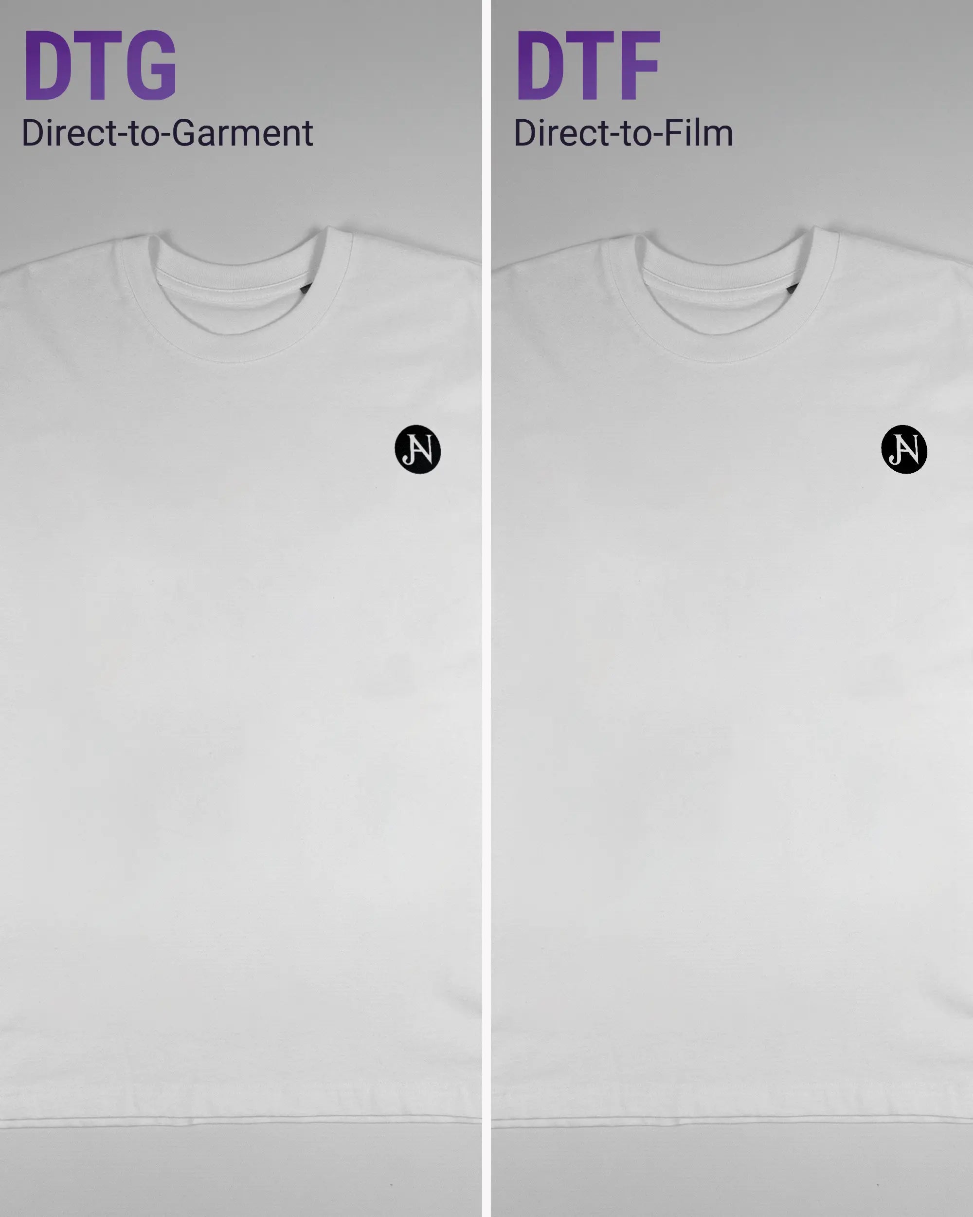 Vergleich der Vorderseiten des Basic Unisex T-Shirt Oversized von Maondo mit dem Design JB1 in der Farbe White und in der Größe S links mit dem Direct-to-Garment und rechts mit dem Direct-to-Film Verfahren