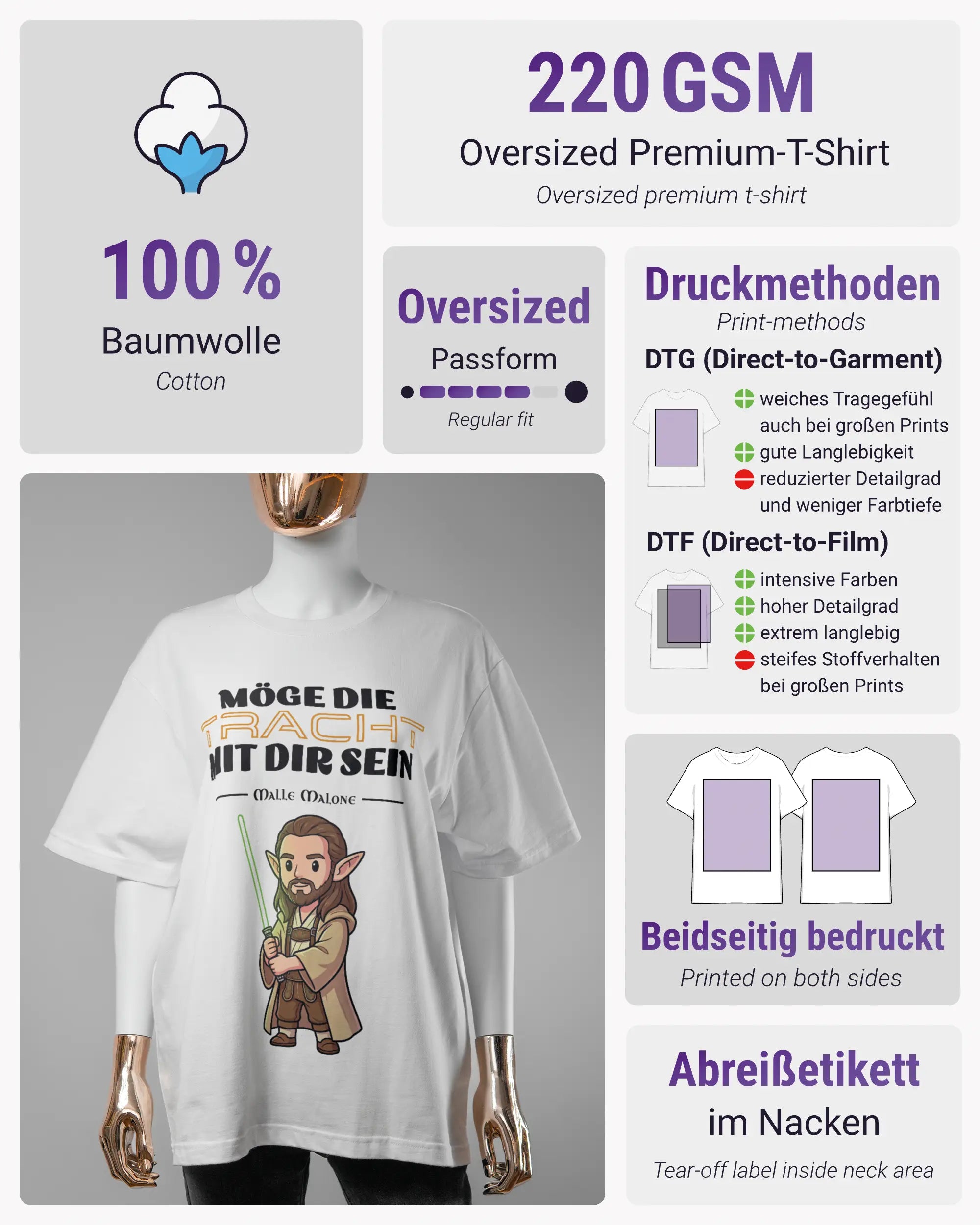Produktinformationsblatt des Basic Unisex T-Shirt Oversized von Maondo mit dem Design Tracht mit dir vorne in der Farbe White und in der Größe S