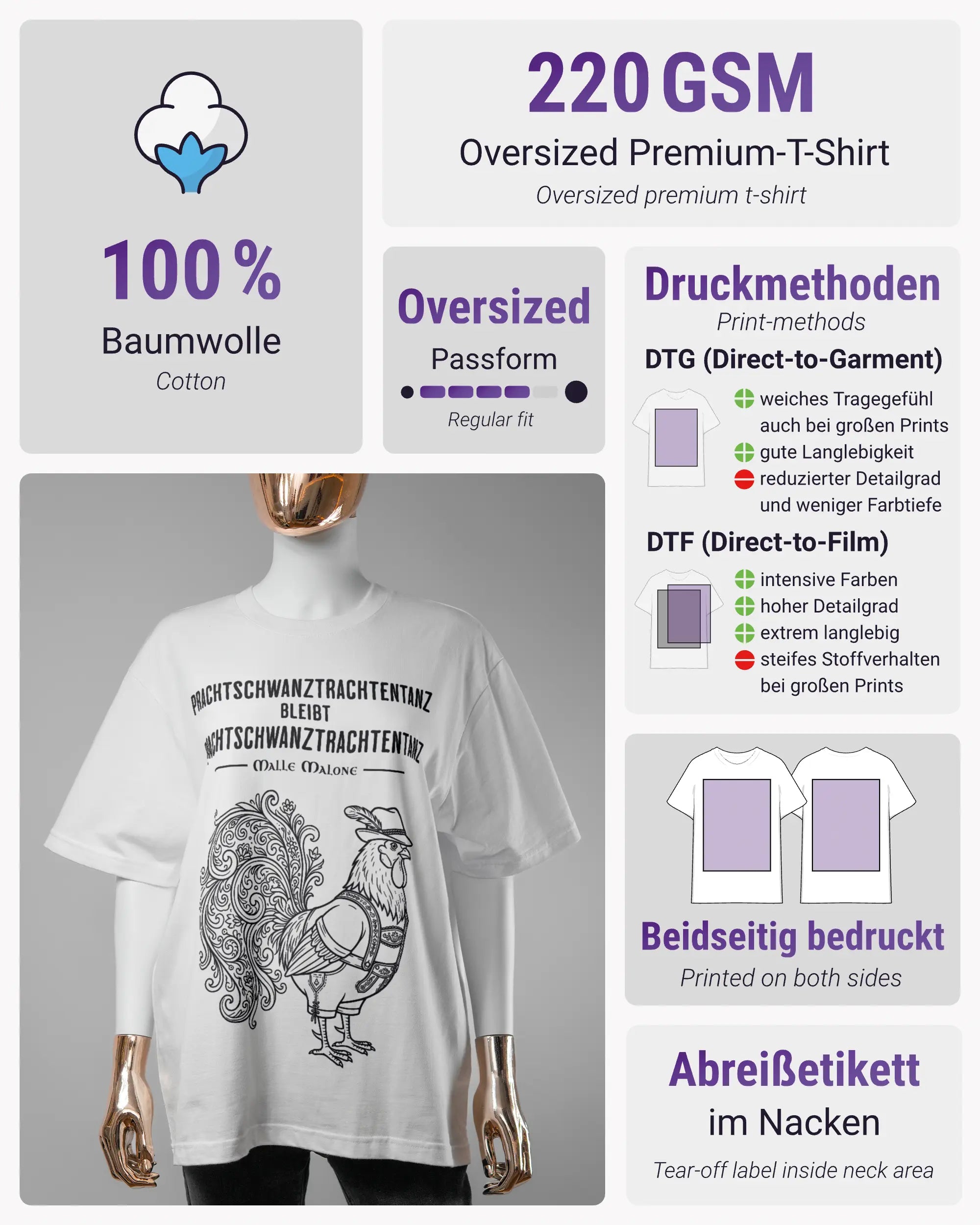 Produktinformationsblatt des Basic Unisex T-Shirt Oversized von Maondo mit dem Design Trachtentanz vorne in der Farbe White und in der Größe S