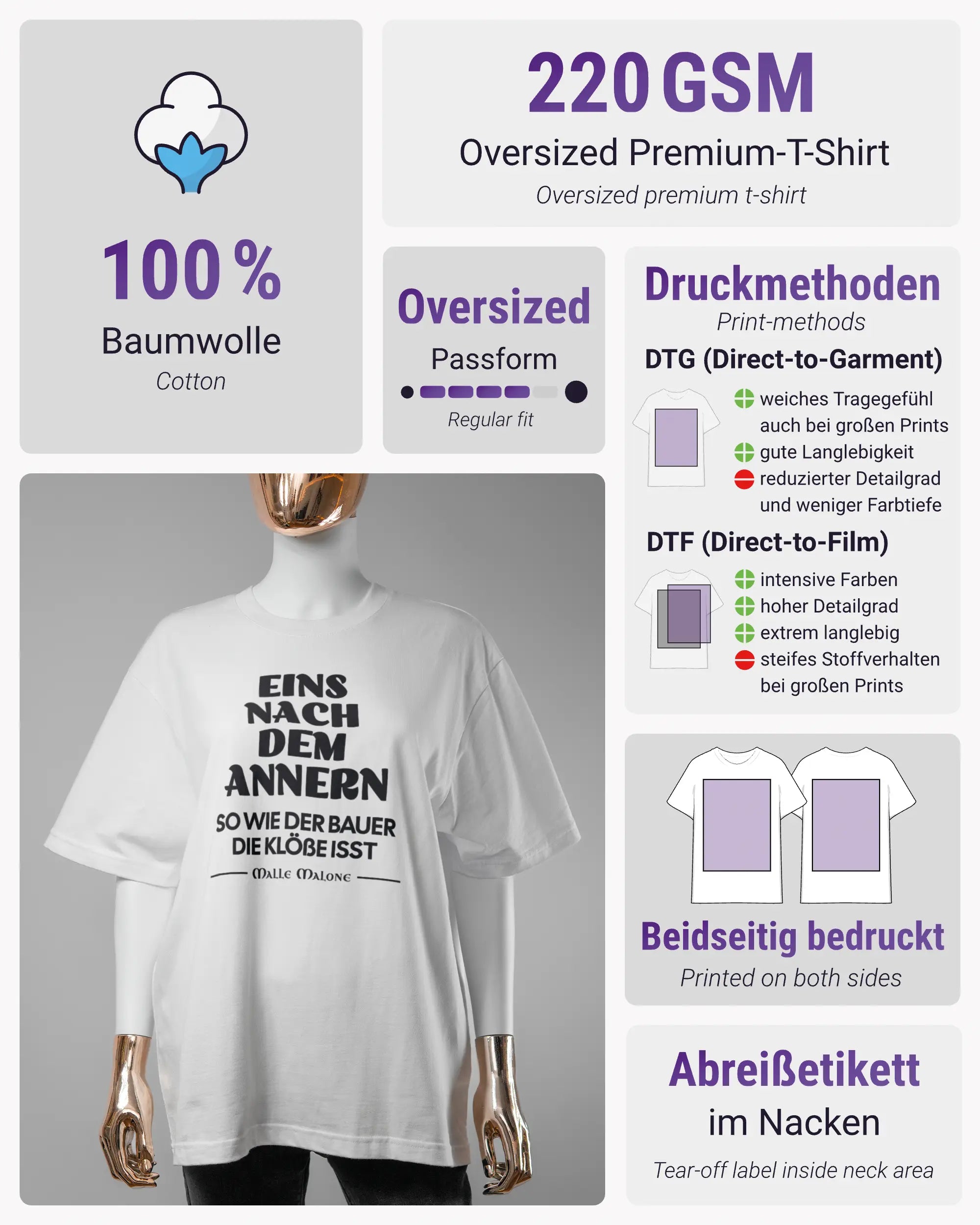 Produktinformationsblatt des Basic Unisex T-Shirt Oversized von Maondo mit dem Design Eins nach dem Annern vorne in der Farbe White und in der Größe S