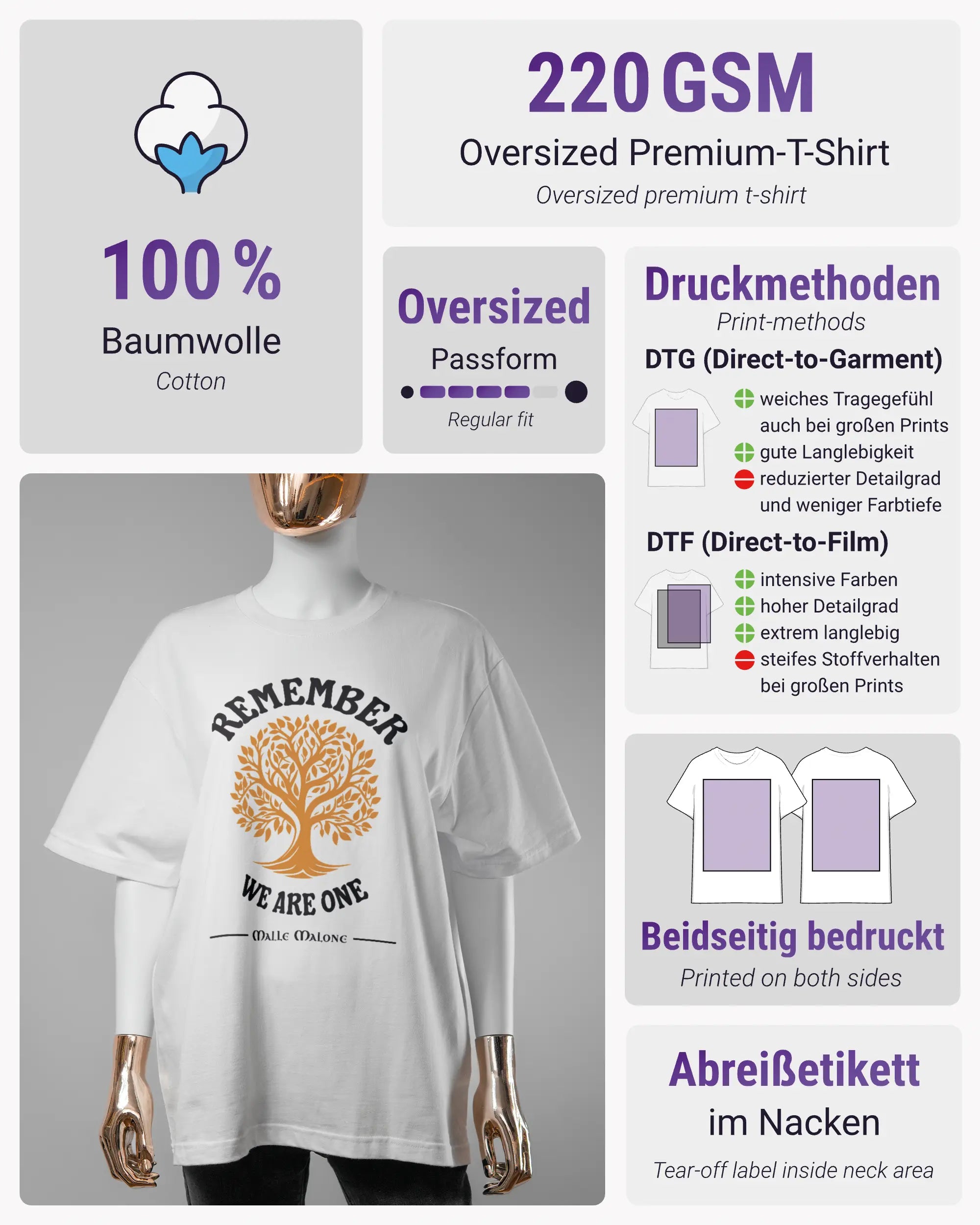 Produktinformationsblatt des Basic Unisex T-Shirt Oversized von Maondo mit dem Design We are one vorne in der Farbe White und in der Größe S