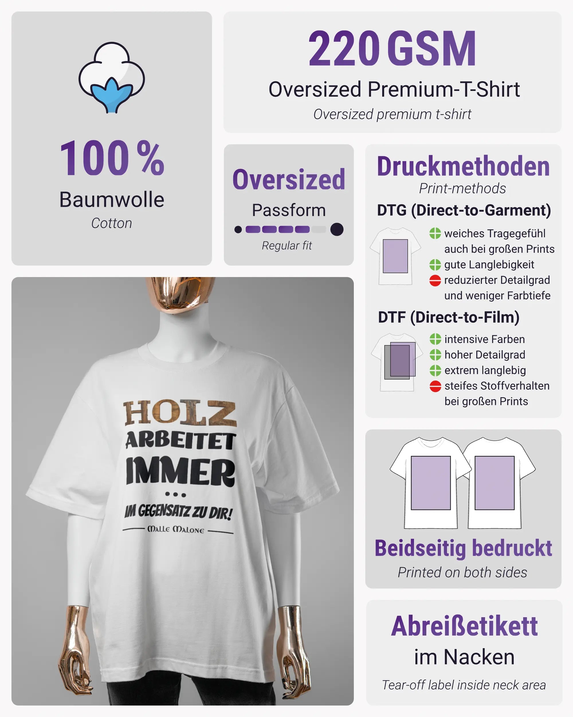 Produktinformationsblatt des Basic Unisex T-Shirt Oversized von Maondo mit dem Design Holzarbeit vorne in der Farbe White und in der Größe S