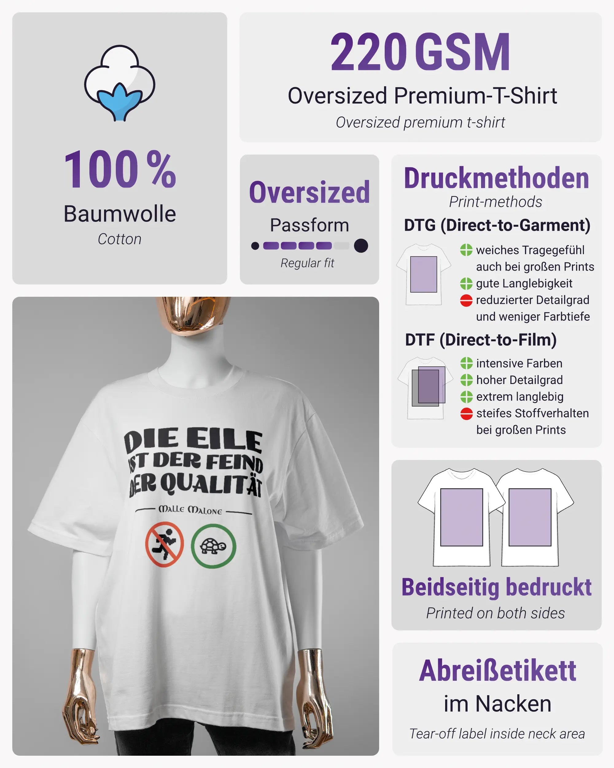Produktinformationsblatt des Basic Unisex T-Shirt Oversized von Maondo mit dem Design Keine Eile vorne in der Farbe White und in der Größe S