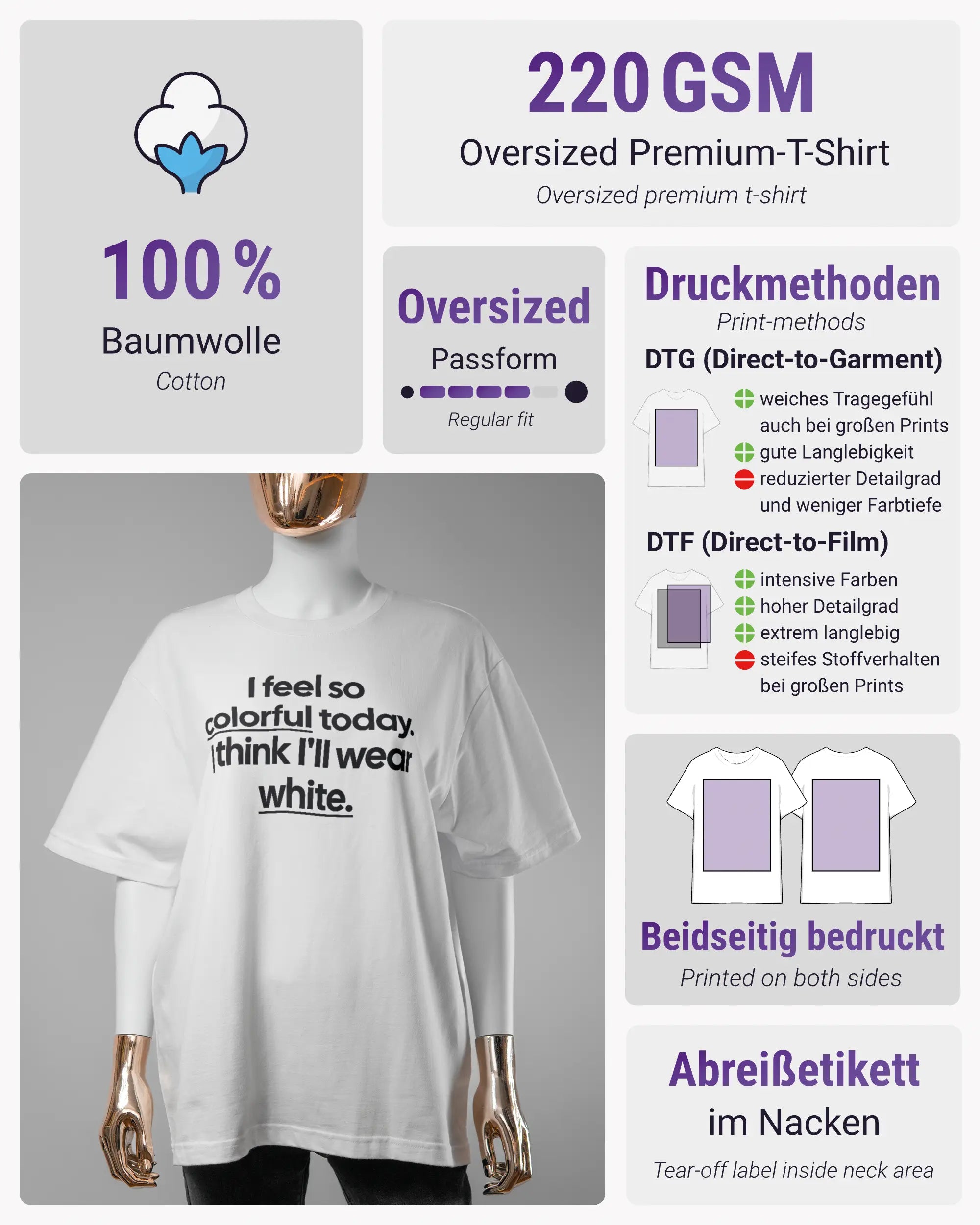 Produktinformationsblatt des Basic Unisex T-Shirt Oversized von Maondo mit dem Design Colorful Day vorne in der Farbe White und in der Größe S