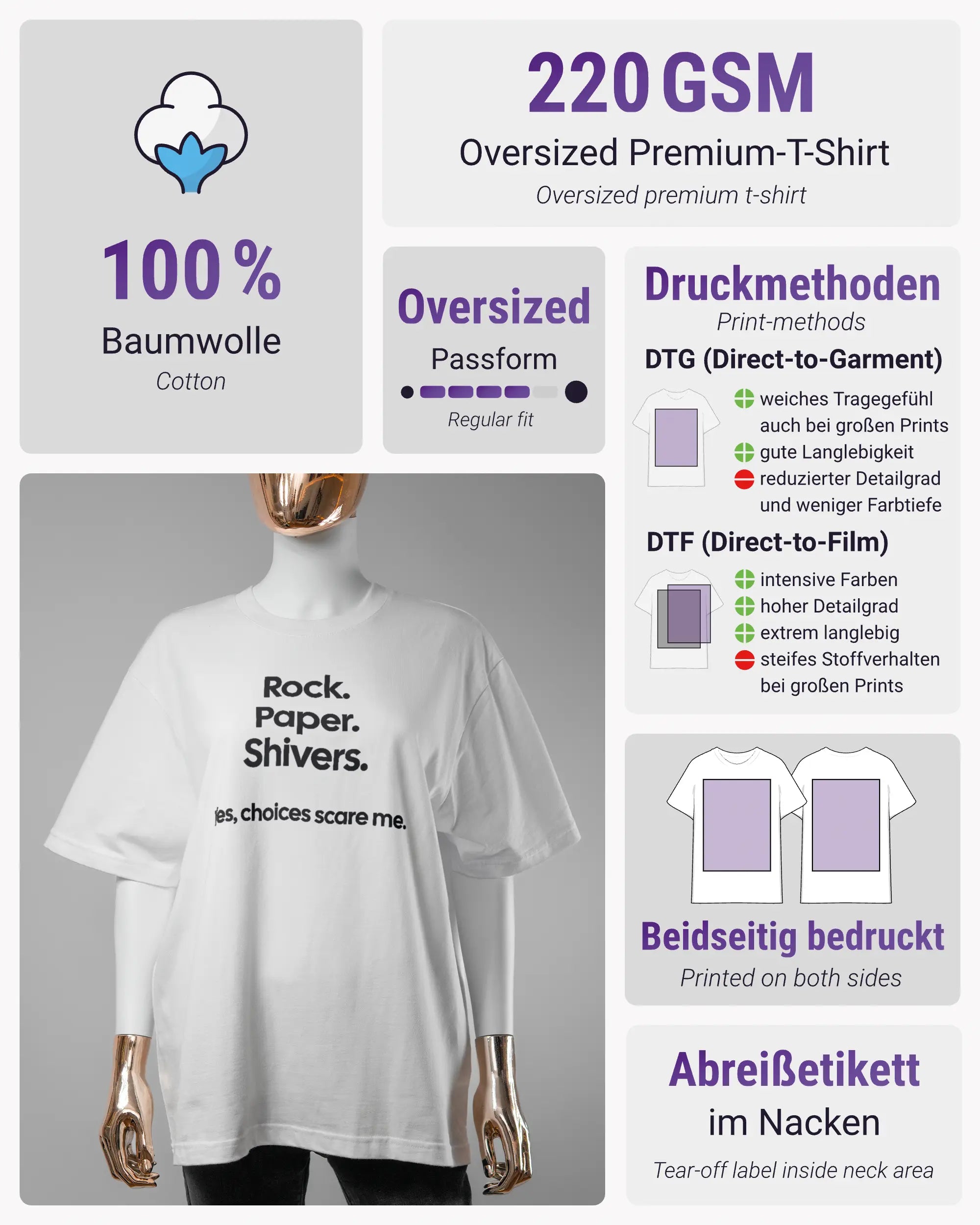 Produktinformationsblatt des Basic Unisex T-Shirt Oversized von Maondo mit dem Design Rock Paper Shivers vorne in der Farbe White und in der Größe S